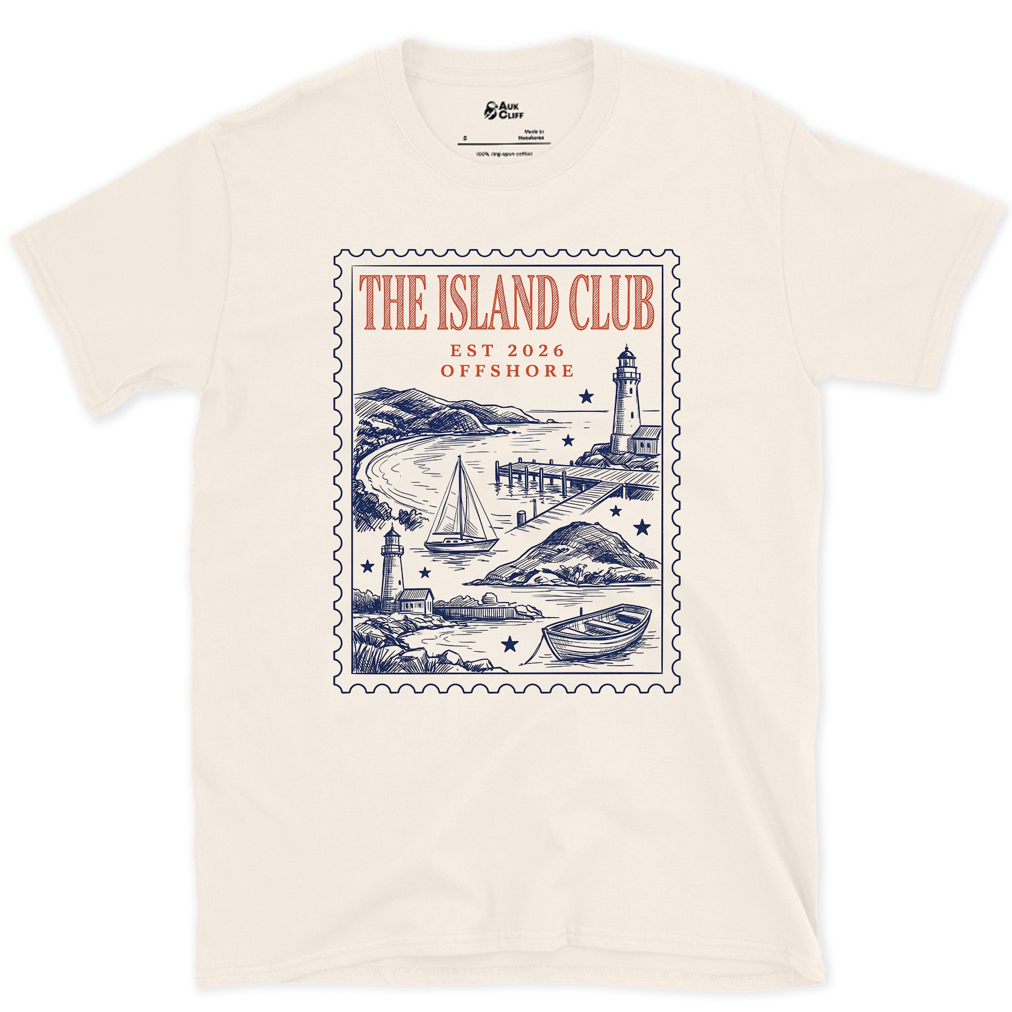 Offshore, Lighthouse and Harbour design on a Natural Gildan Softstyle t-shirt