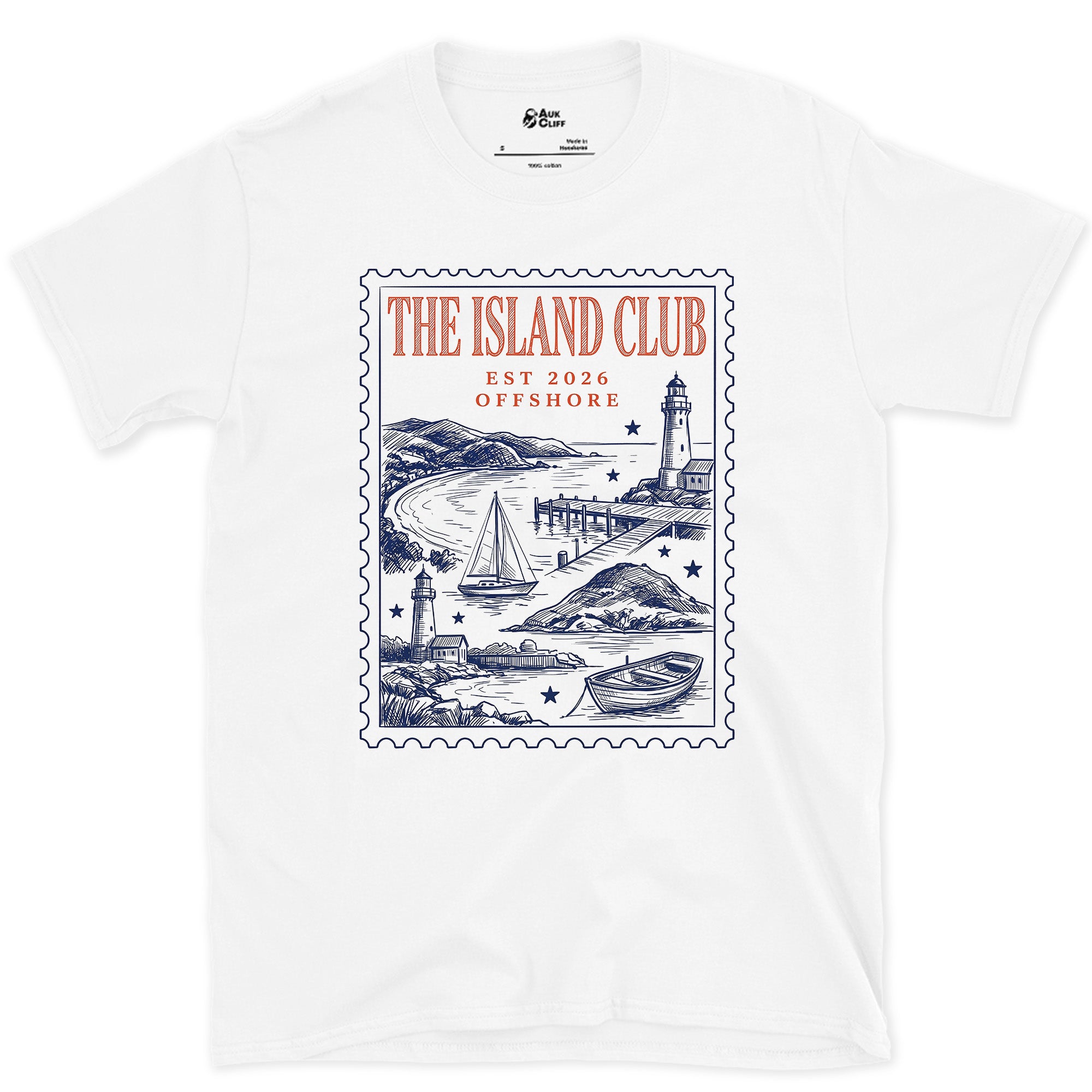 Offshore, Lighthouse and Harbour design on a White Gildan Softstyle t-shirt