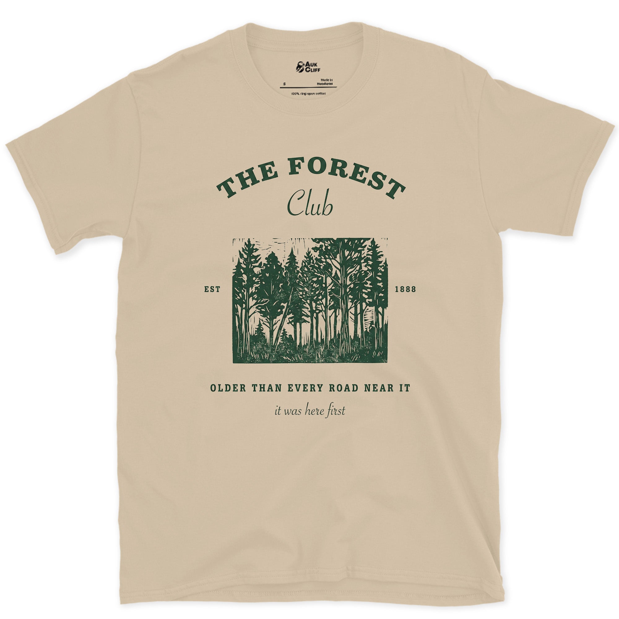 Older Than Every Road Nearby, Forest Club design on a Sand Gildan Softstyle t-shirt