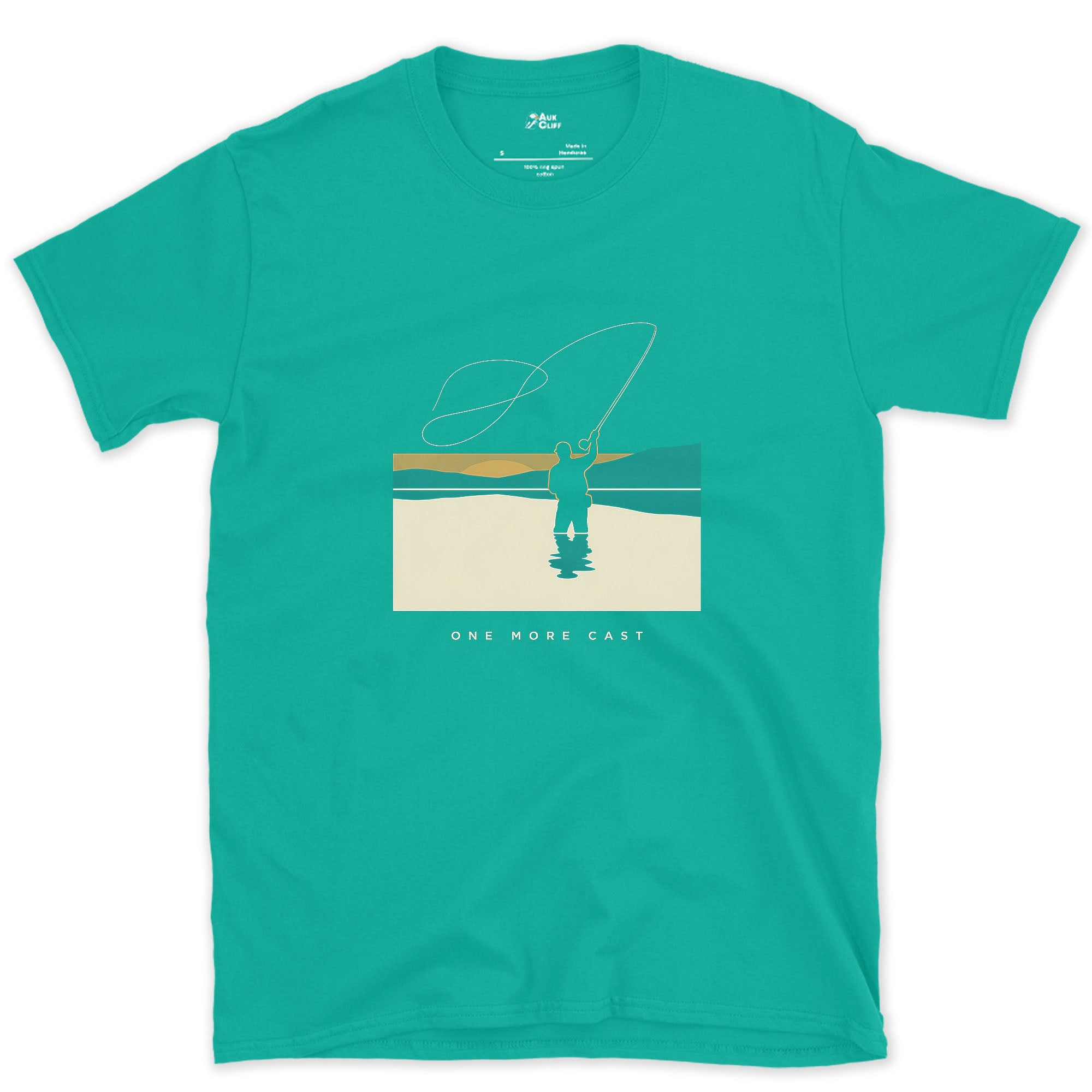 One More Cast, Angler at Sunset design on a Jade Dome Gildan Softstyle t-shirt