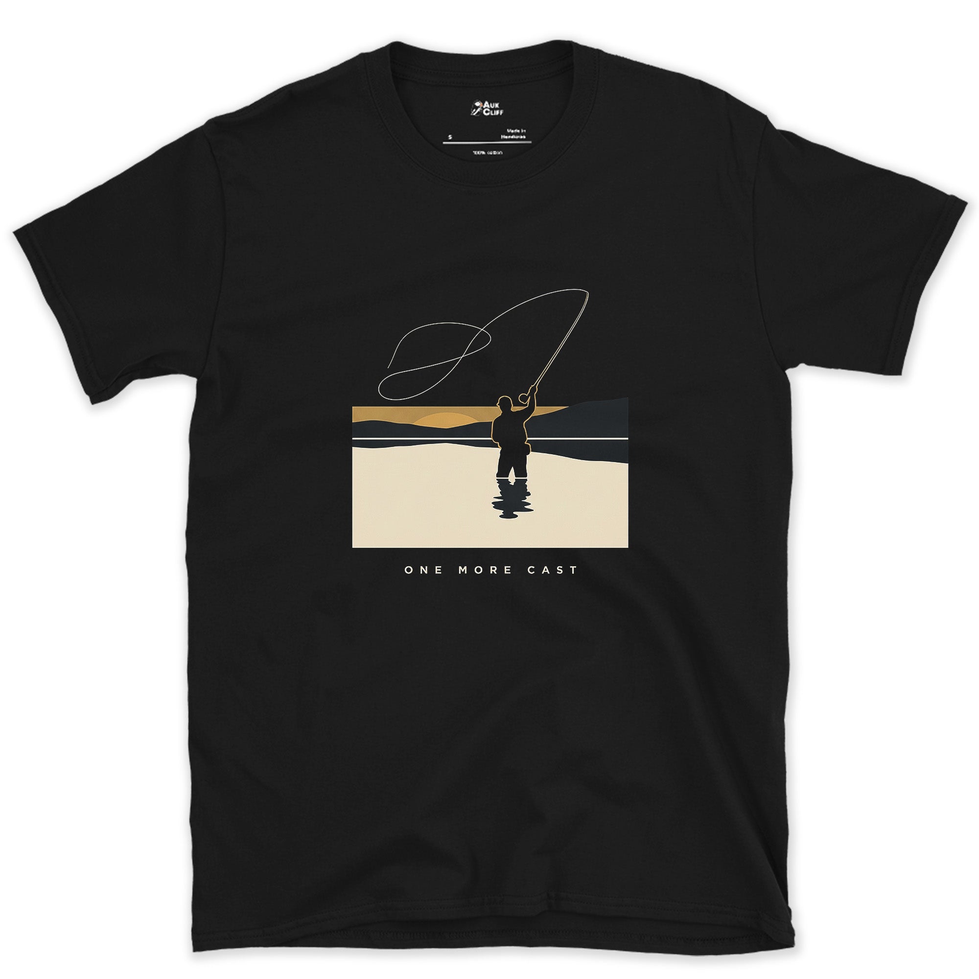 One More Cast, Angler at Sunset design on a Black Gildan Softstyle t-shirt