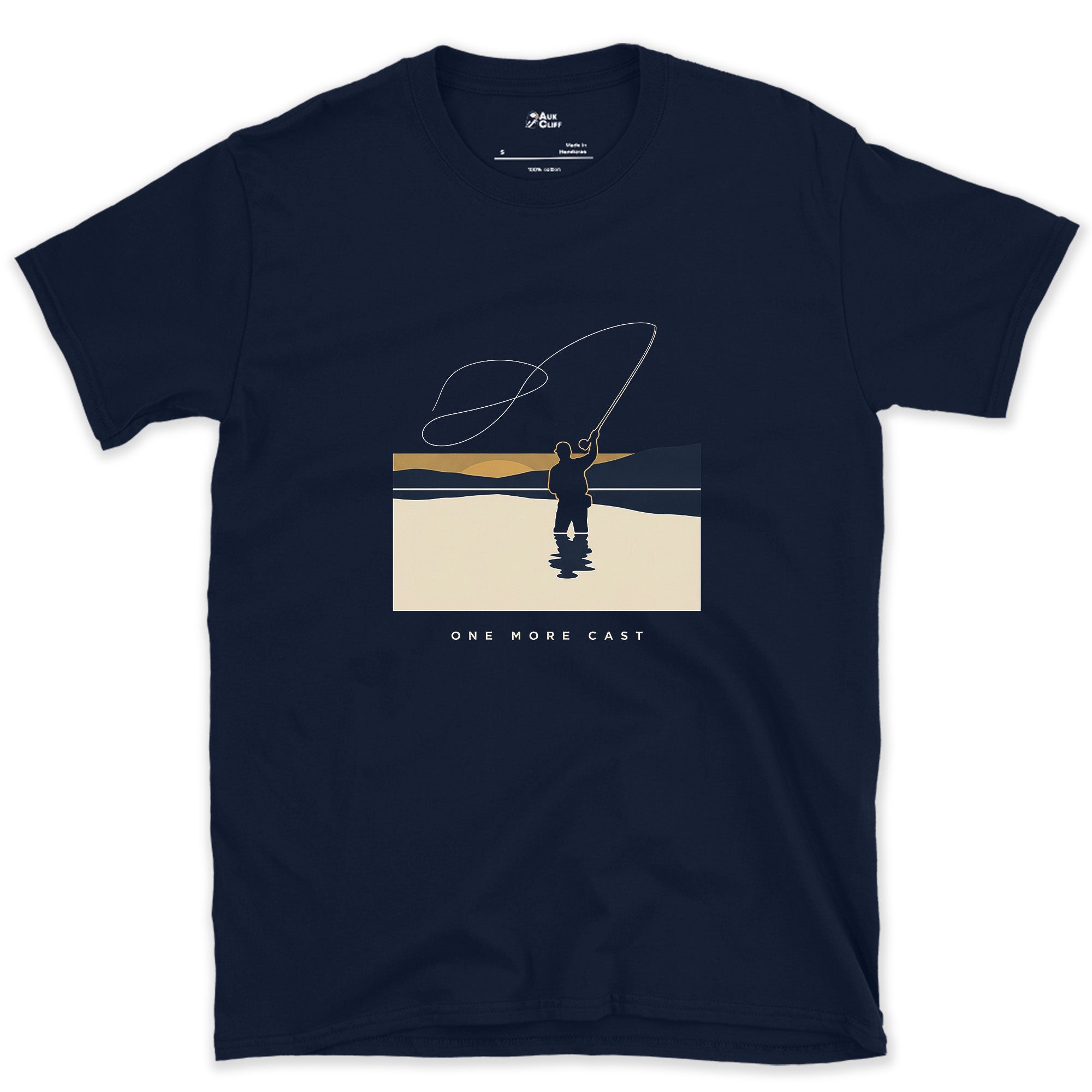 One More Cast, Angler at Sunset design on a Navy Gildan Softstyle t-shirt