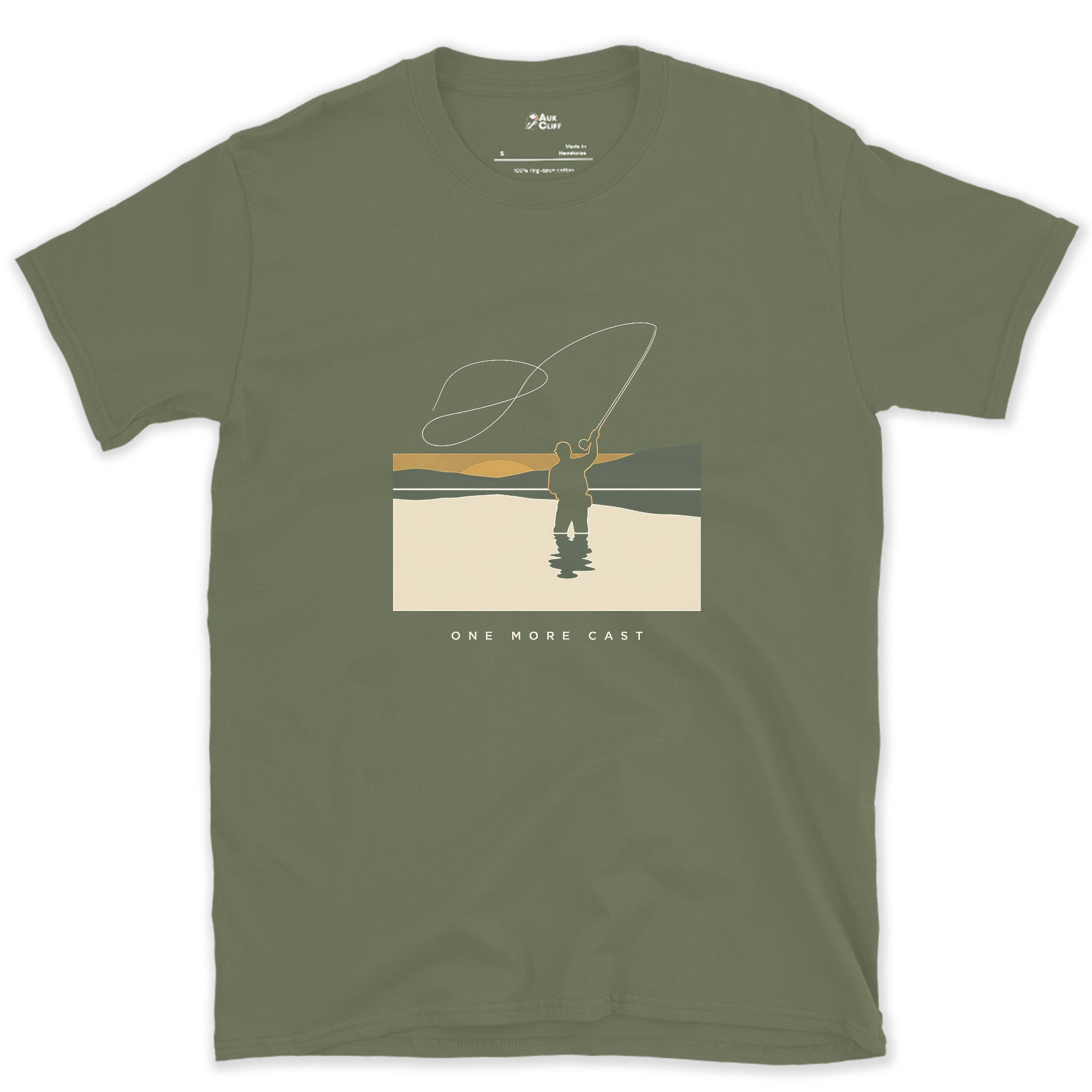 One More Cast, Angler at Sunset design on a Military Green Gildan Softstyle t-shirt