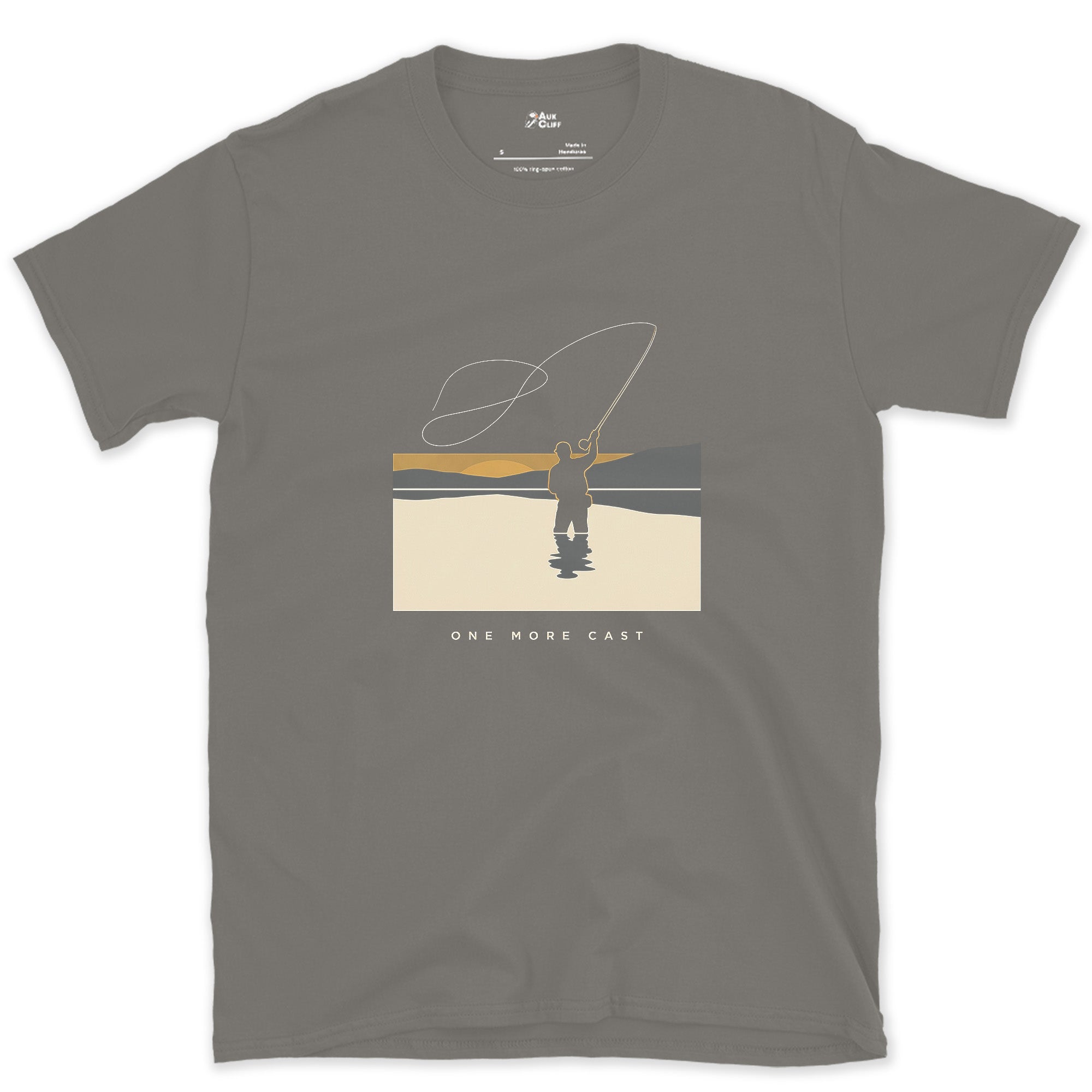 One More Cast, Angler at Sunset design on a Charcoal Gildan Softstyle t-shirt