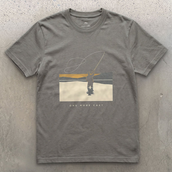 One More Cast, Angler at Sunset design on a Charcoal Gildan Softstyle t-shirt