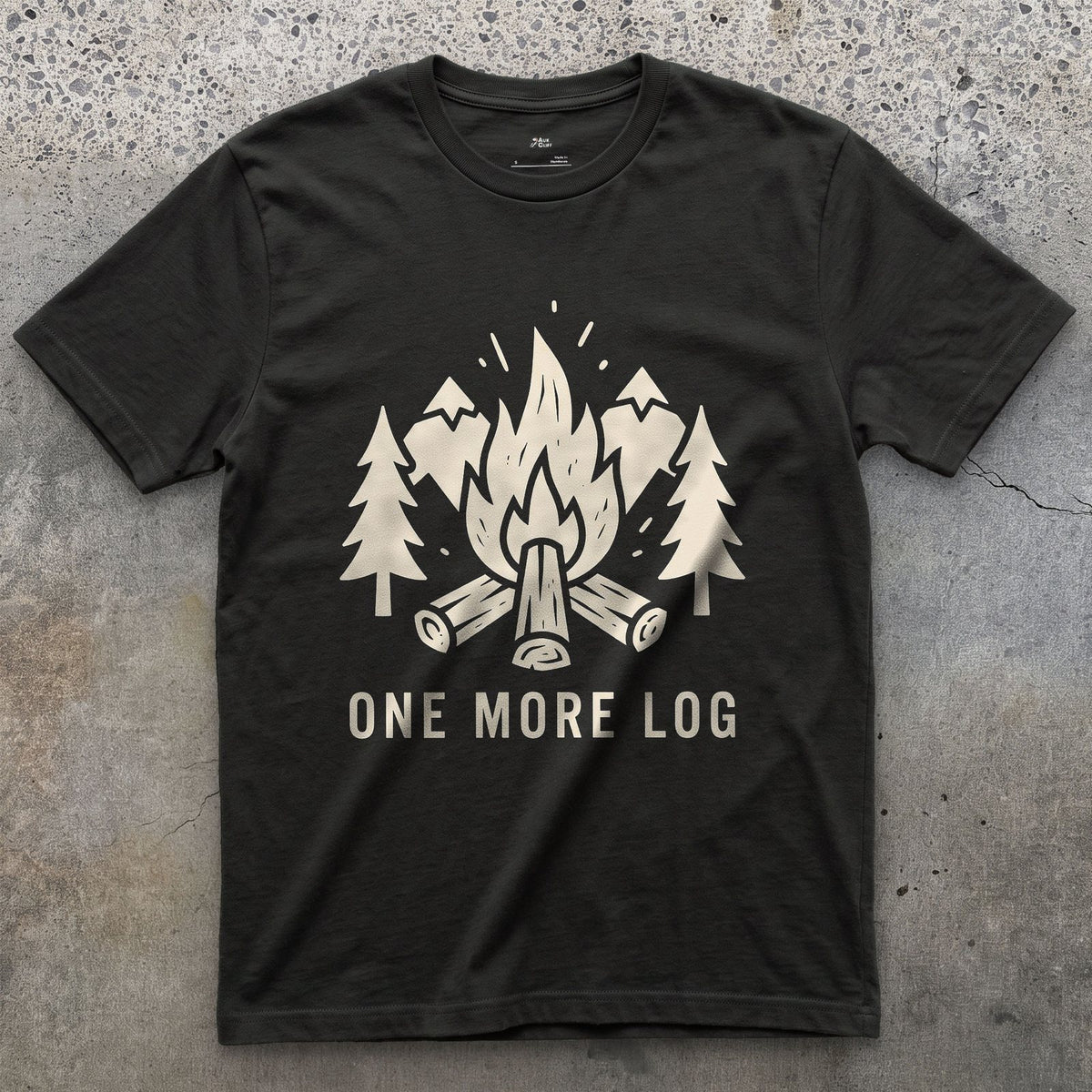 One More Log, Mountains and Firewood design on a Black Gildan Softstyle t-shirt