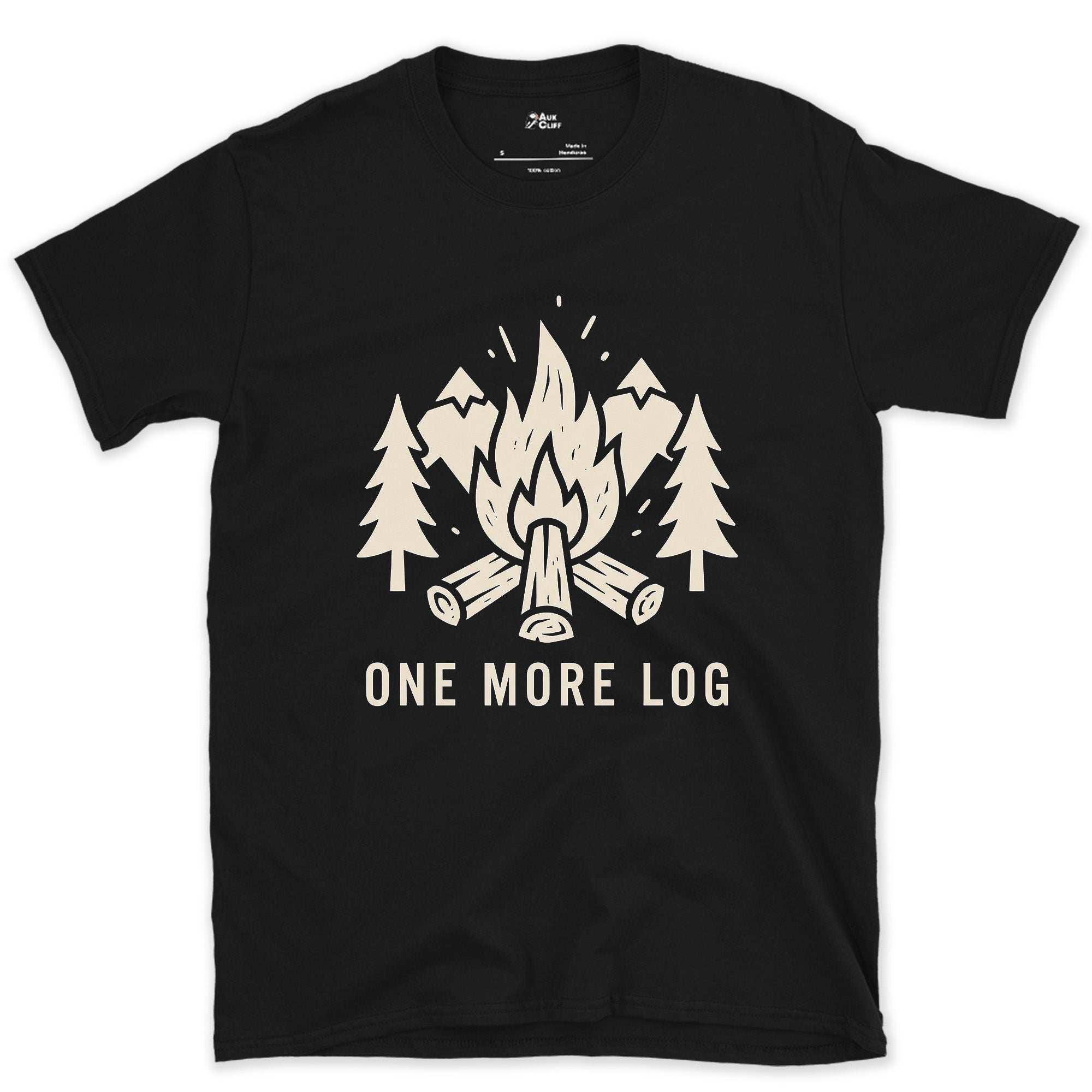 One More Log, Mountains and Firewood design on a Black Gildan Softstyle t-shirt
