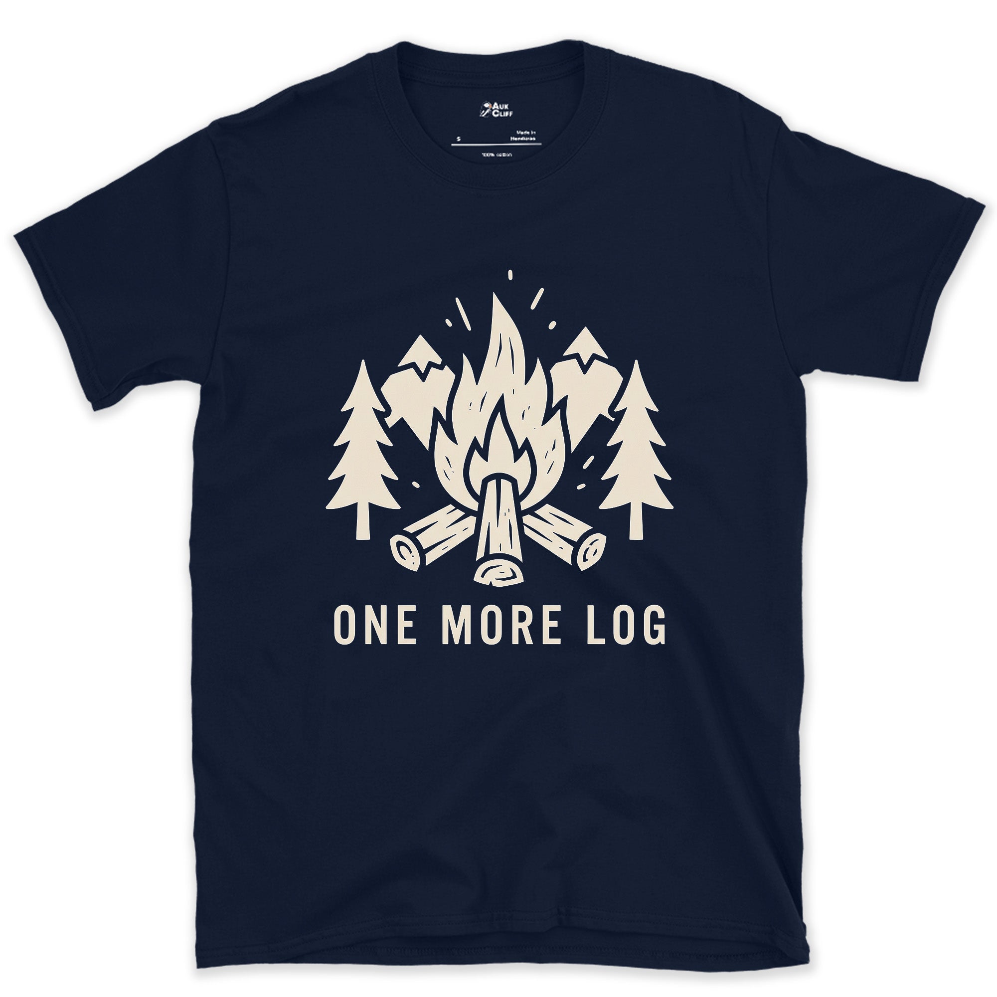 One More Log, Mountains and Firewood design on a Navy Gildan Softstyle t-shirt