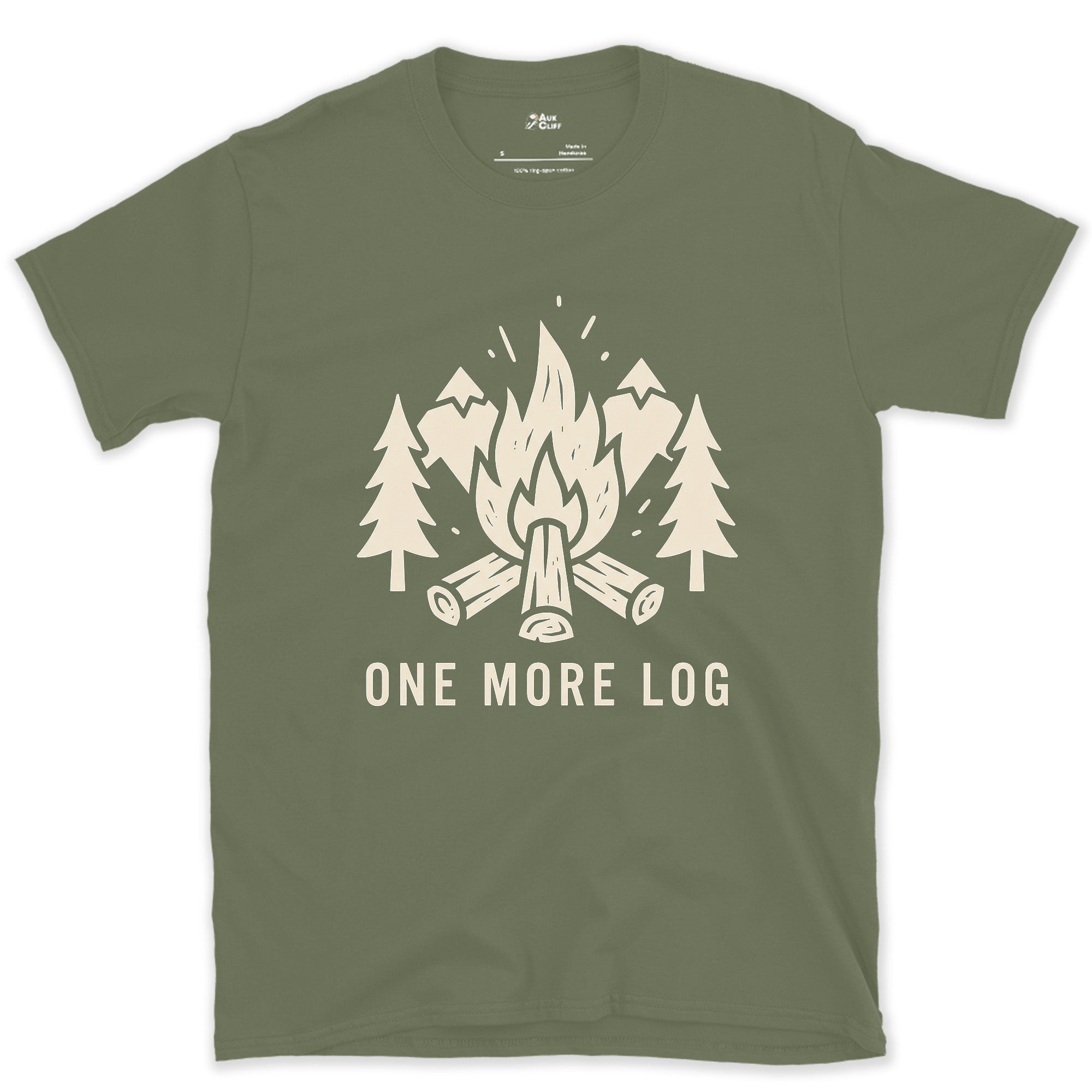 One More Log, Mountains and Firewood design on a Military Green Gildan Softstyle t-shirt