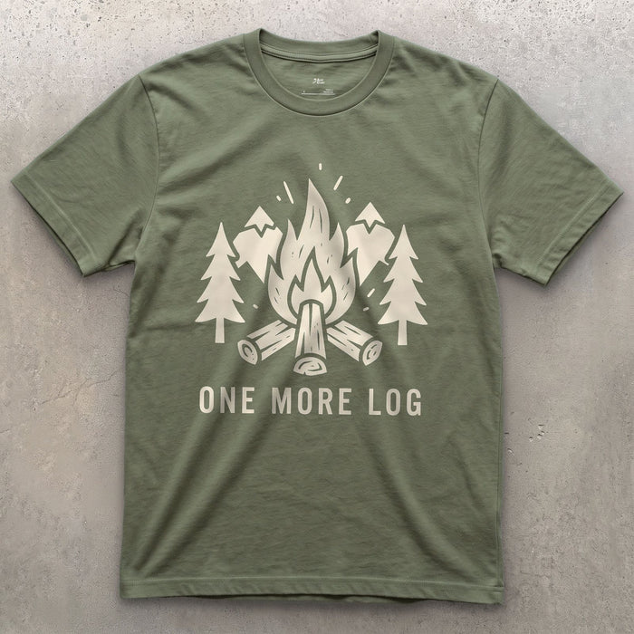 One More Log, Mountains and Firewood design on a Military Green Gildan Softstyle t-shirt