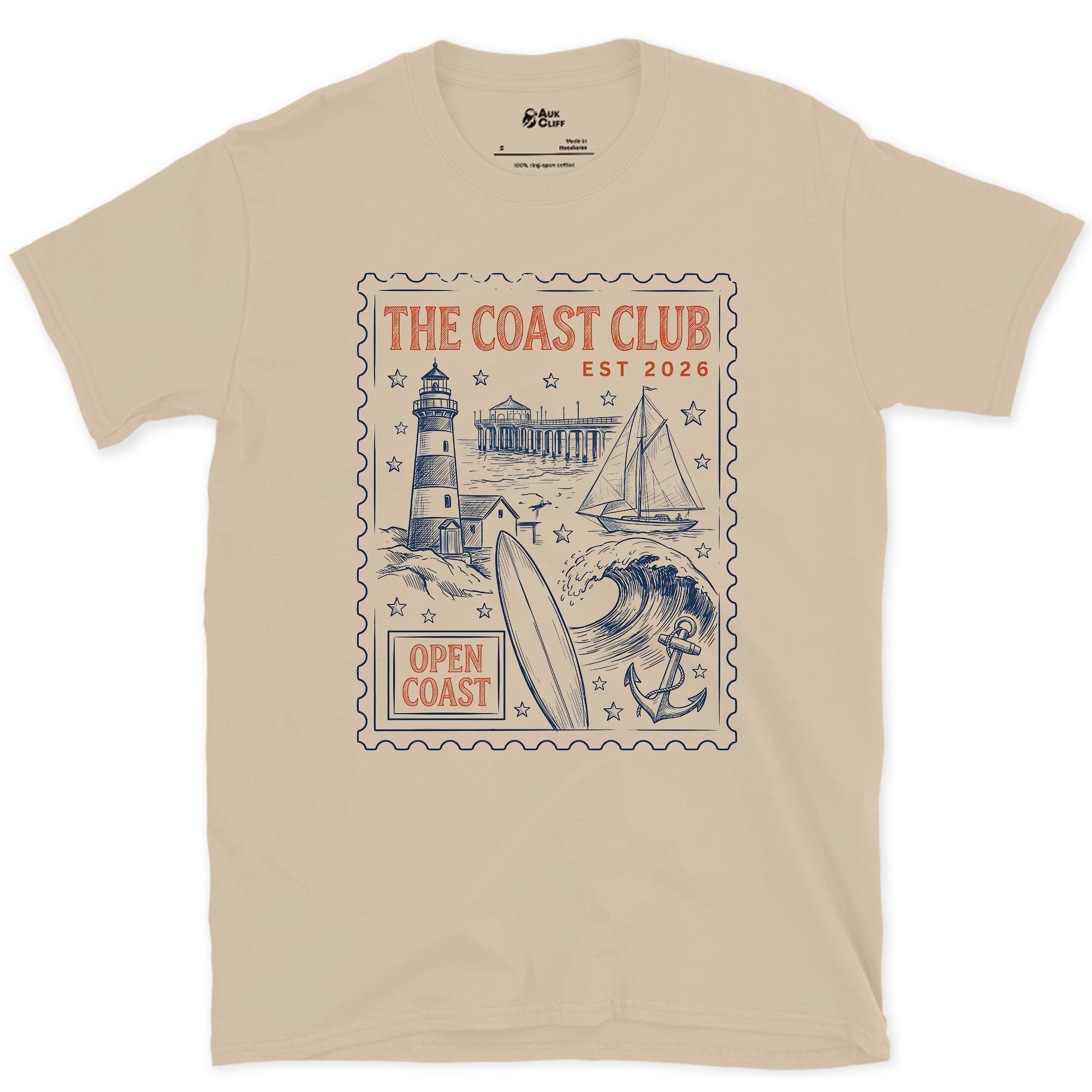 Open Coast, Lighthouse and Sailboat design on a Sand Gildan Softstyle t-shirt