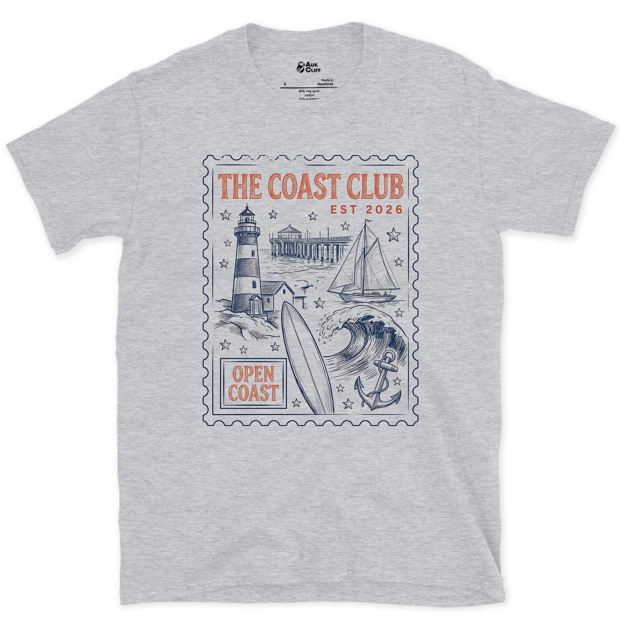 Open Coast, Lighthouse and Sailboat design on a Sport Grey Gildan Softstyle t-shirt
