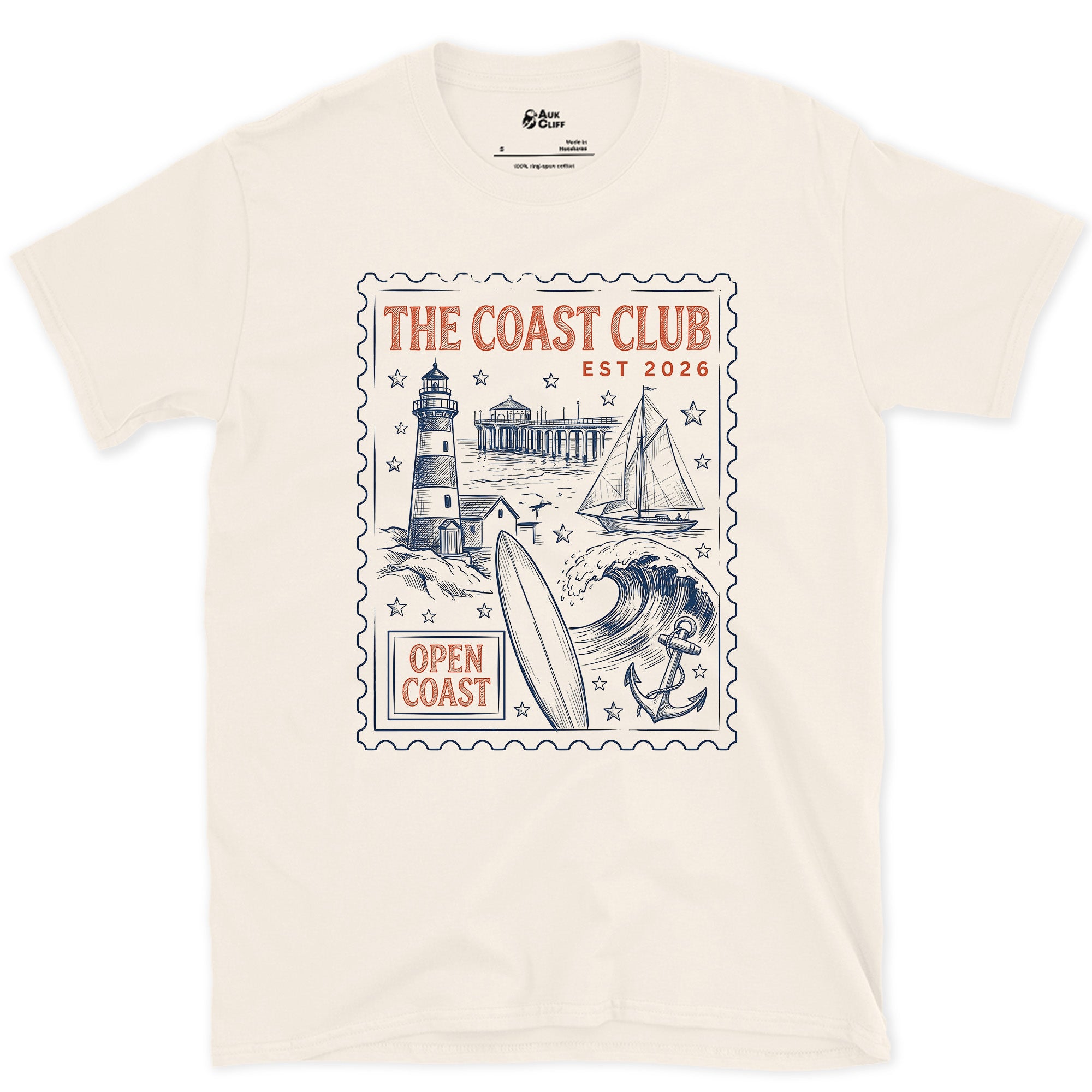 Open Coast, Lighthouse and Sailboat design on a Natural Gildan Softstyle t-shirt