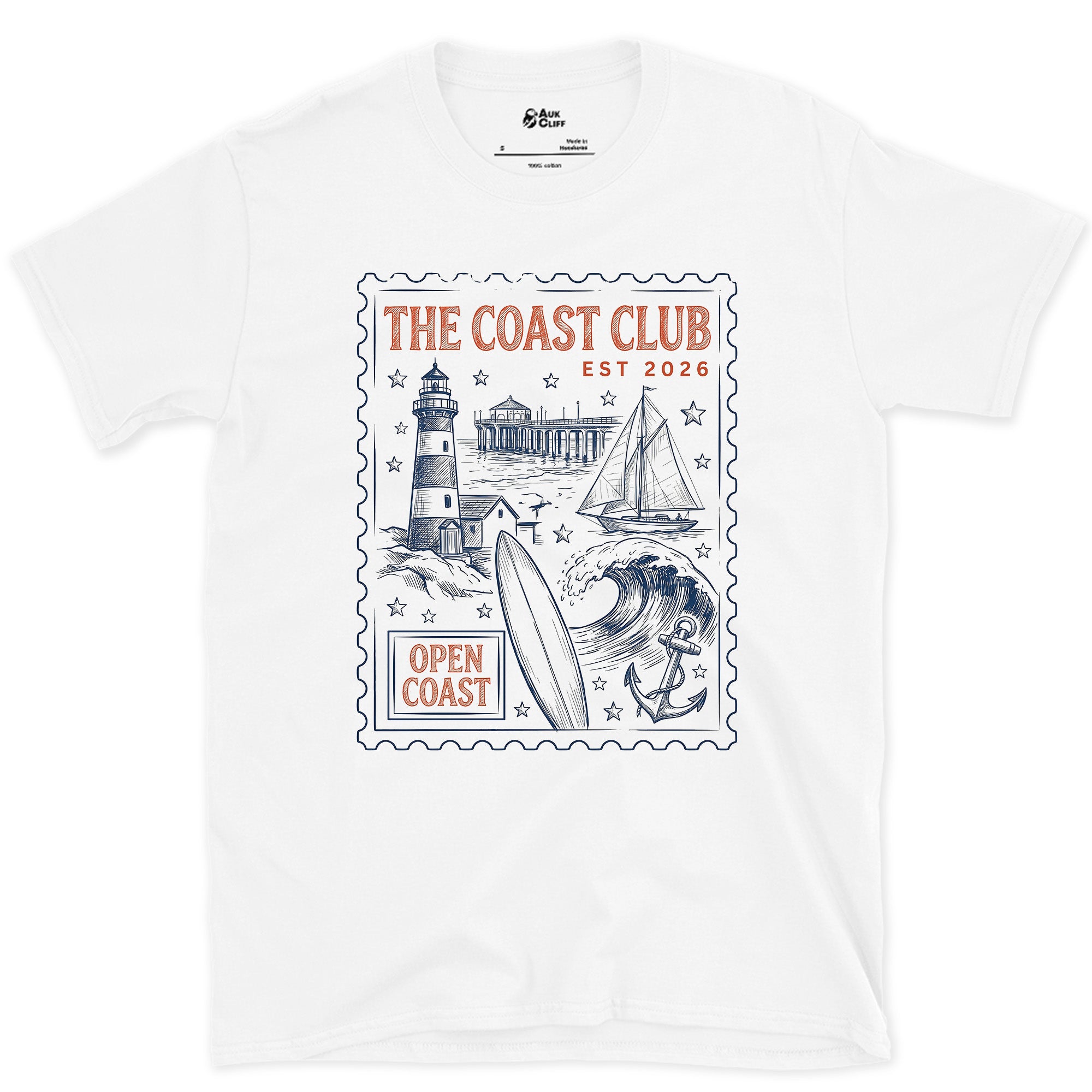 Open Coast, Lighthouse and Sailboat design on a White Gildan Softstyle t-shirt