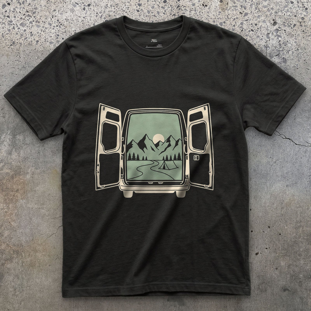 What Waits Beyond the Open Van Doors design on a Black Gildan Softstyle t-shirt