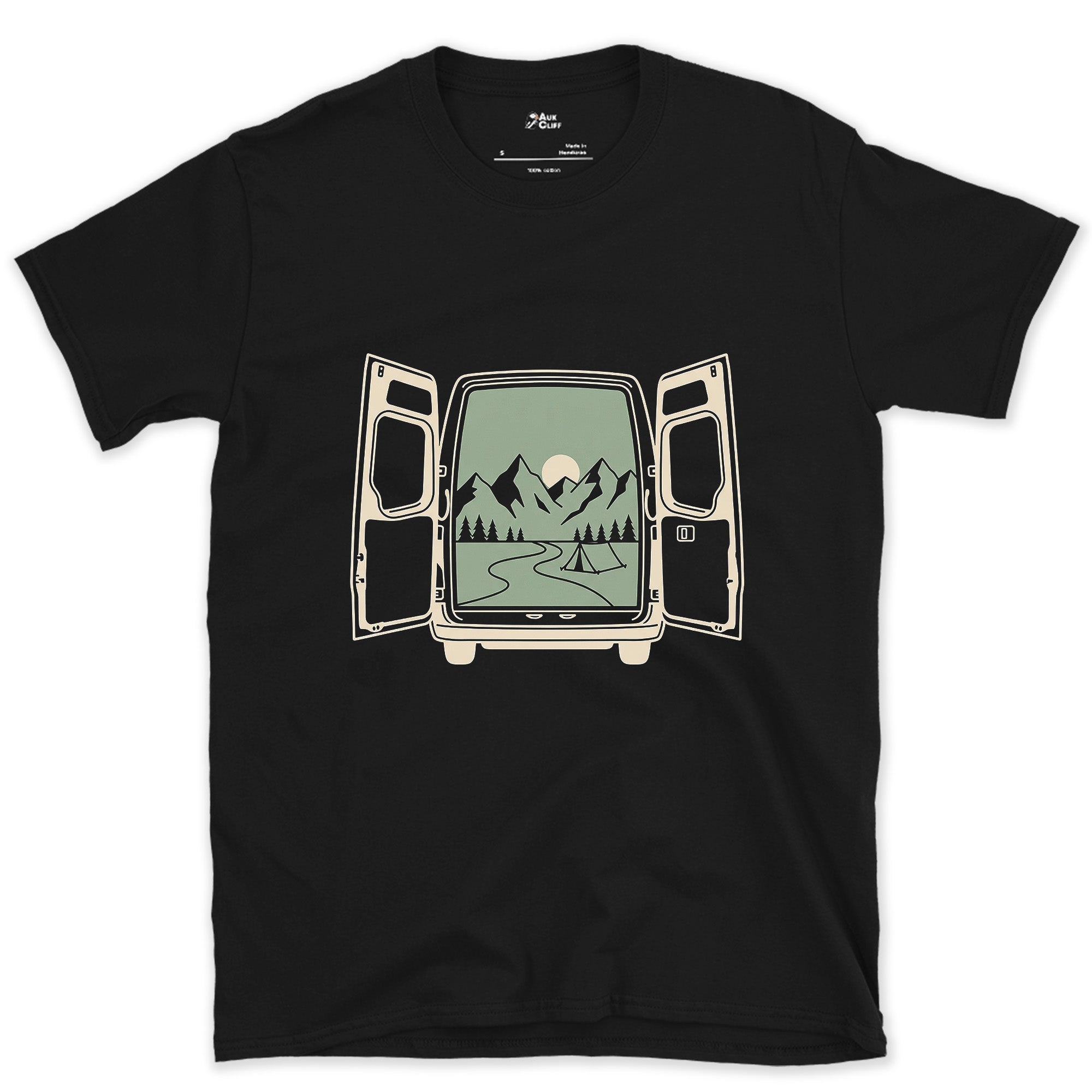 What Waits Beyond the Open Van Doors design on a Black Gildan Softstyle t-shirt