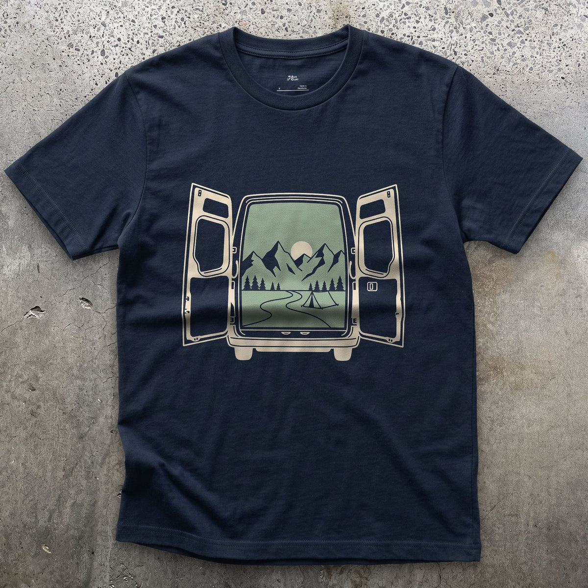 What Waits Beyond the Open Van Doors design on a Navy Gildan Softstyle t-shirt