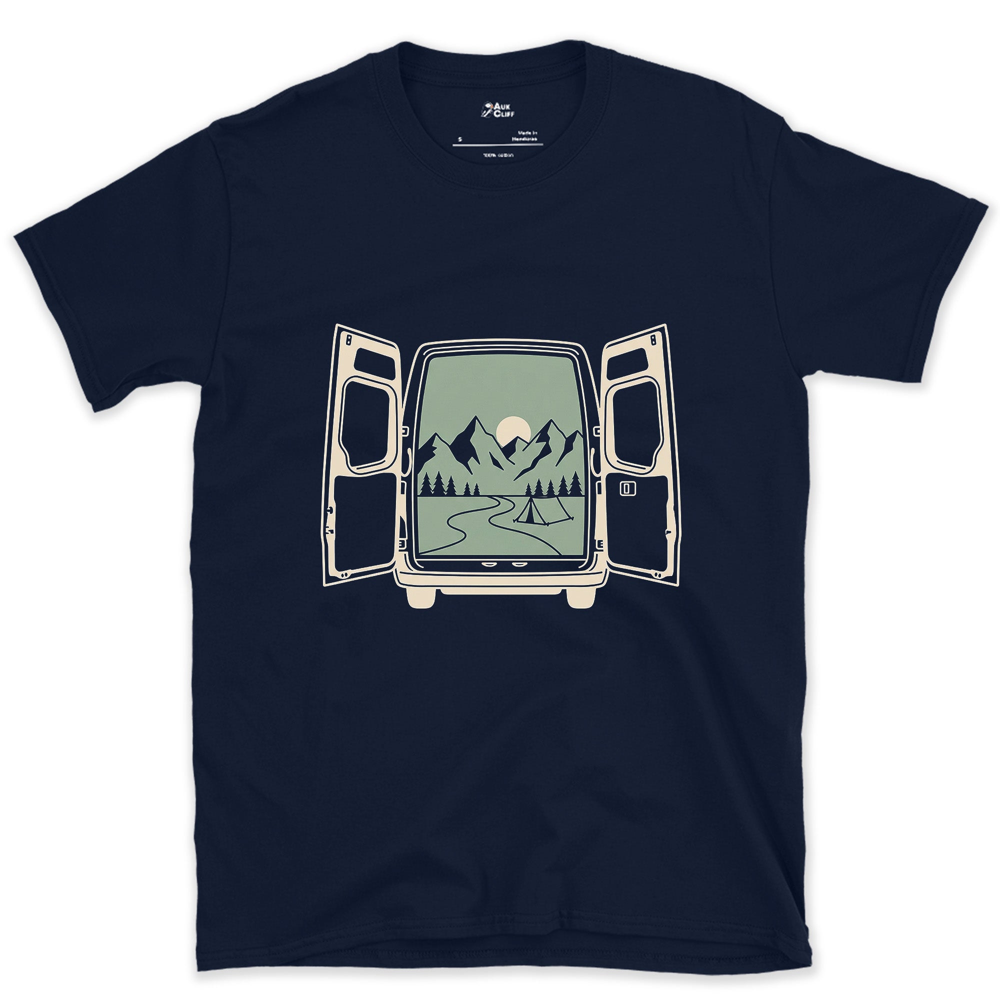 What Waits Beyond the Open Van Doors design on a Navy Gildan Softstyle t-shirt