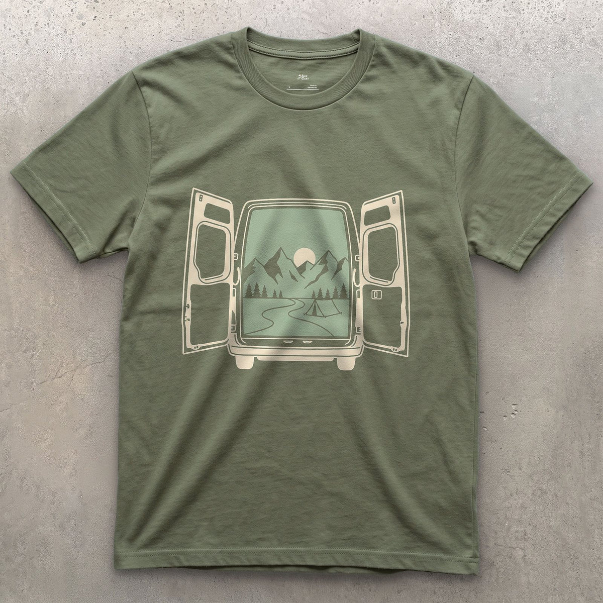 What Waits Beyond the Open Van Doors design on a Military Green Gildan Softstyle t-shirt