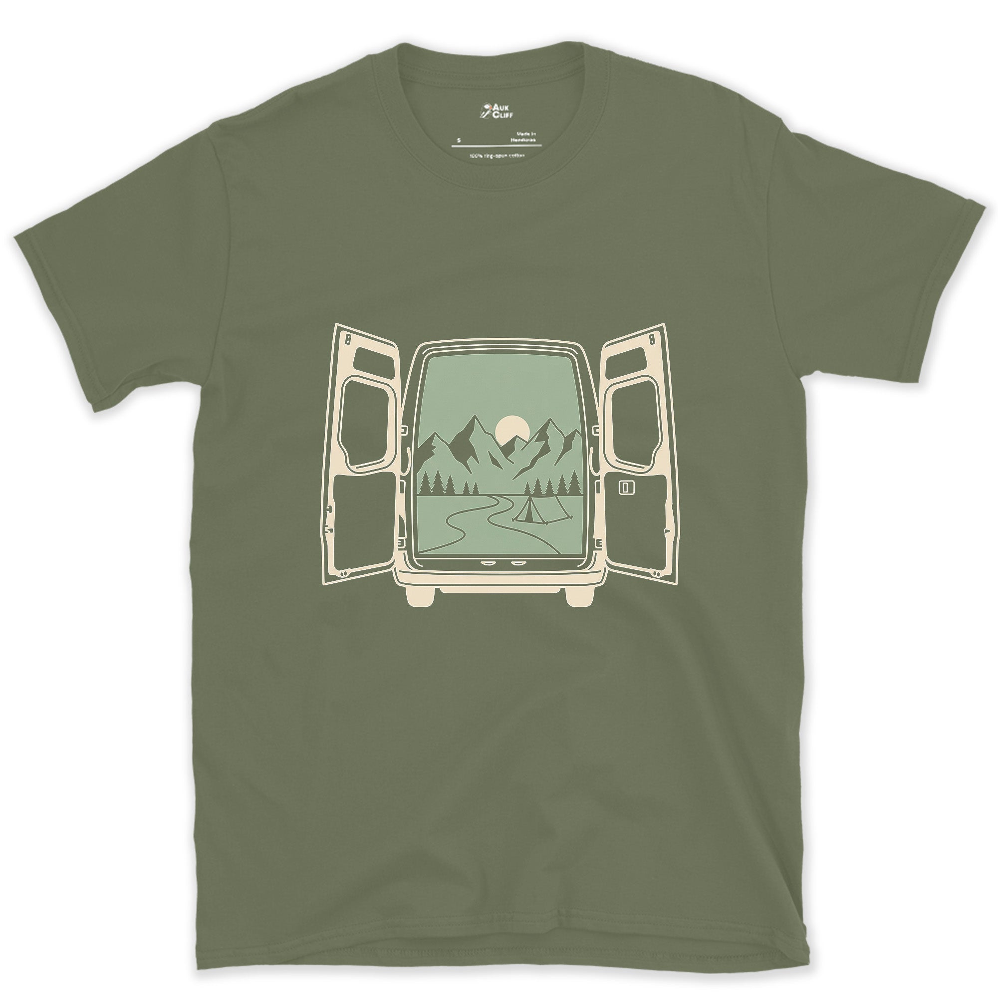 What Waits Beyond the Open Van Doors design on a Military Green Gildan Softstyle t-shirt