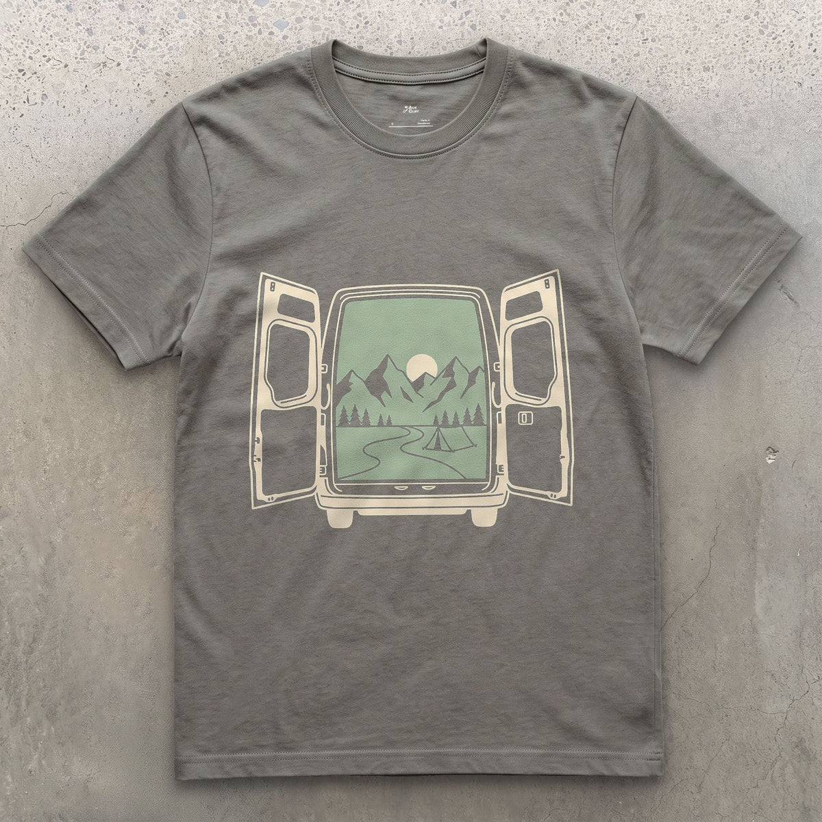 What Waits Beyond the Open Van Doors design on a Charcoal Gildan Softstyle t-shirt