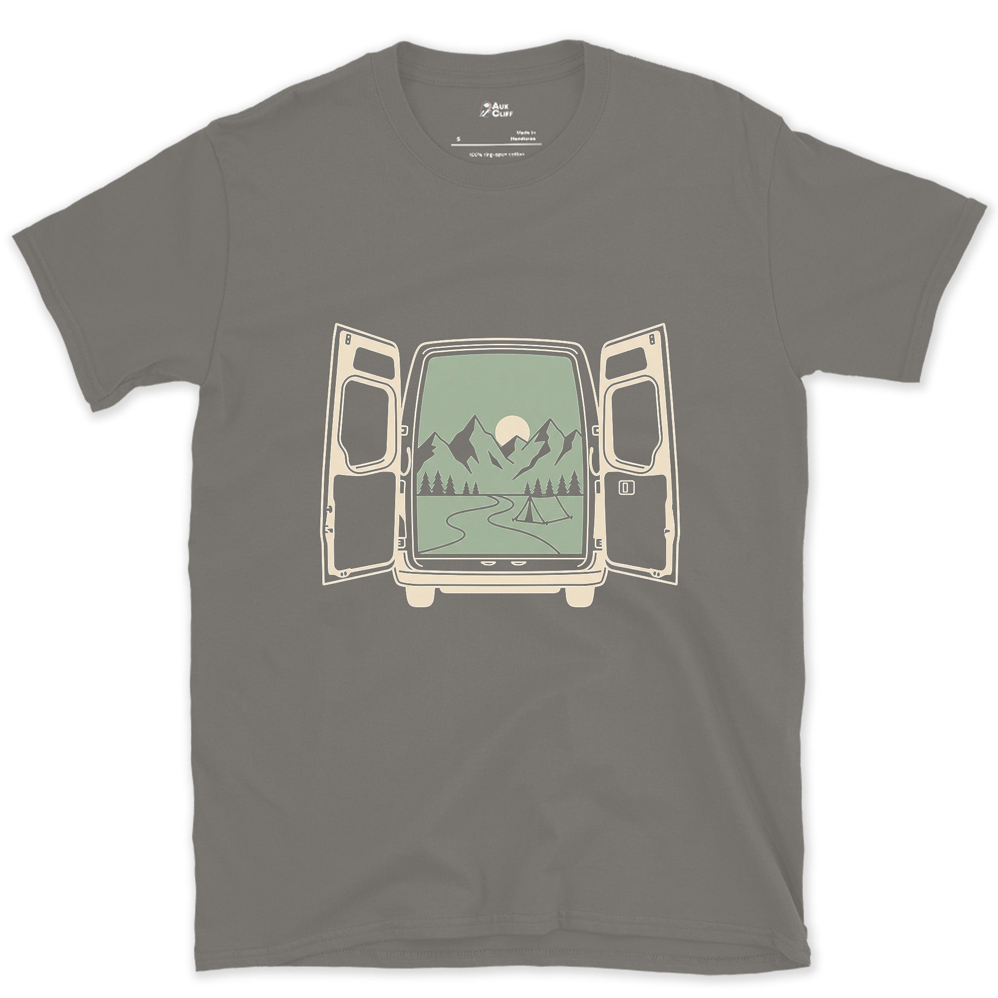 What Waits Beyond the Open Van Doors design on a Charcoal Gildan Softstyle t-shirt
