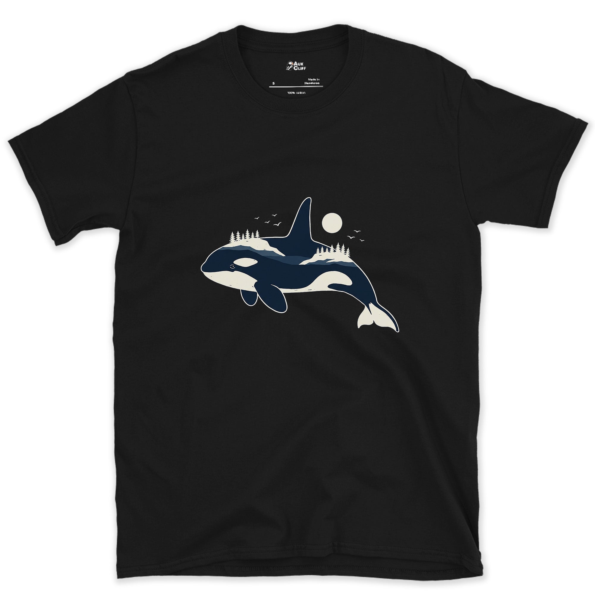 Snowcapped Peaks Living Inside an Orca design on a Black Gildan Softstyle t-shirt