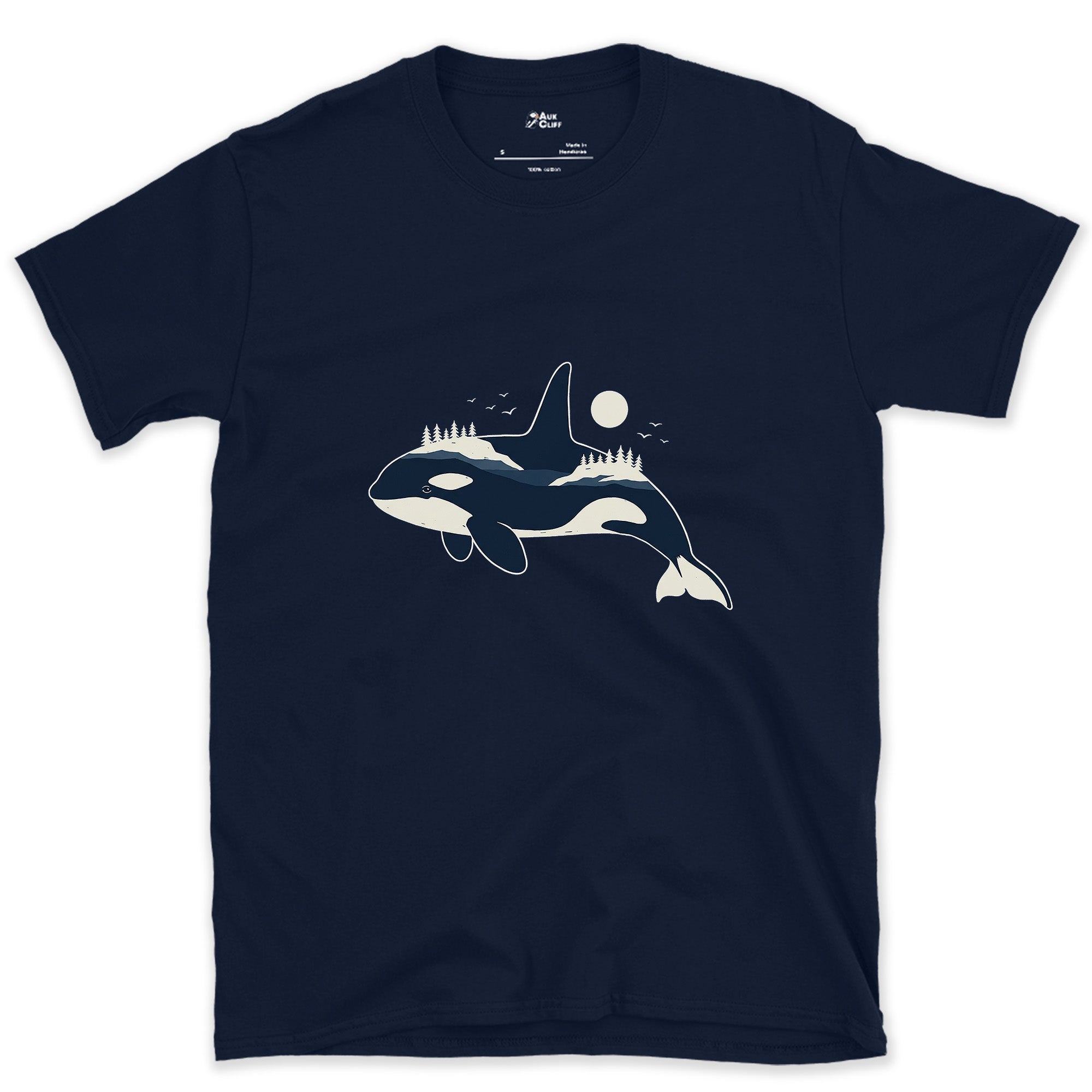 Snowcapped Peaks Living Inside an Orca design on a Navy Gildan Softstyle t-shirt