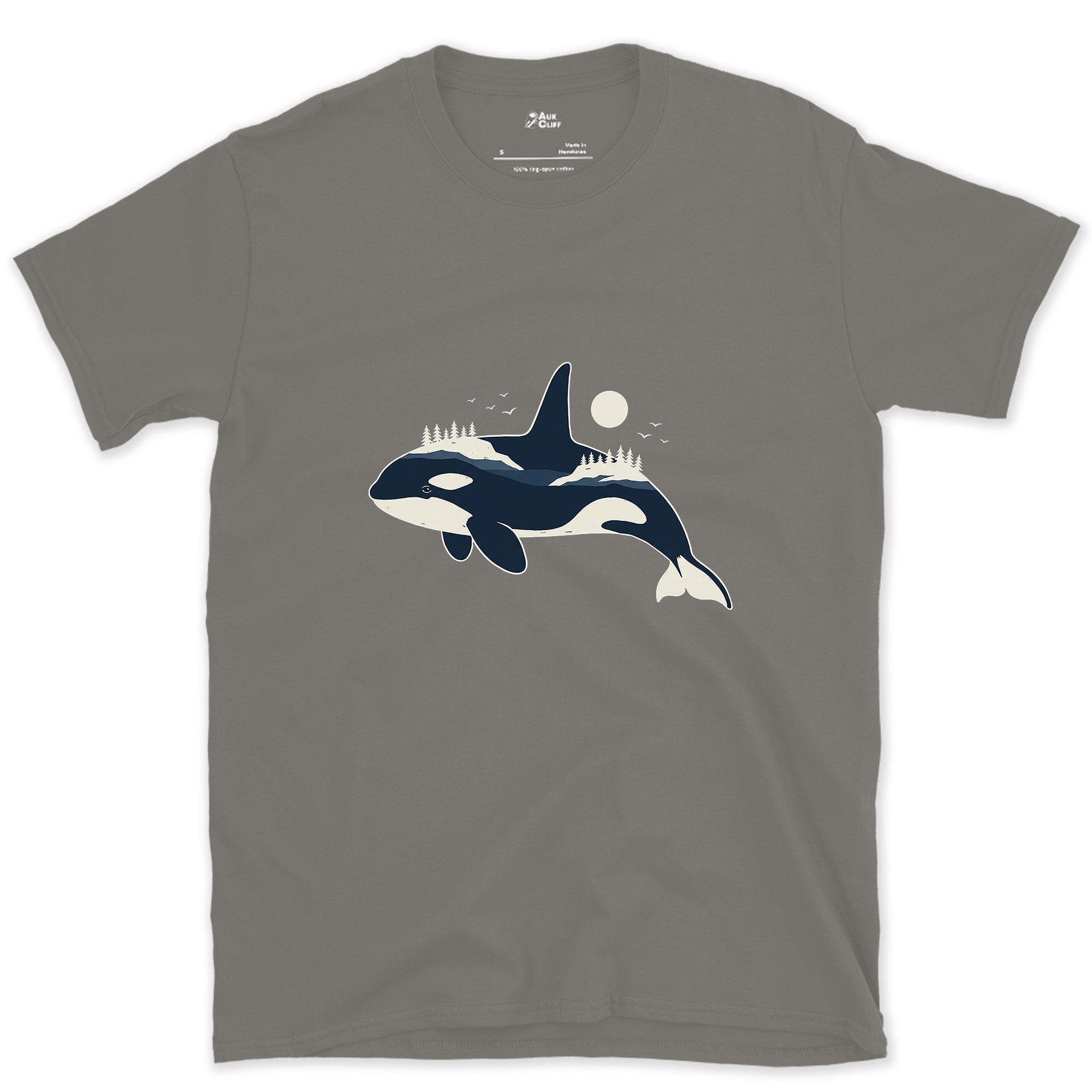 Snowcapped Peaks Living Inside an Orca design on a Charcoal Gildan Softstyle t-shirt
