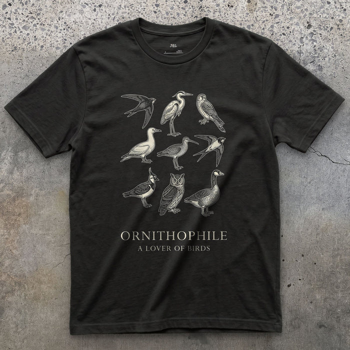 Ornithophile, a Lover of Birds design on a Black Gildan Softstyle t-shirt