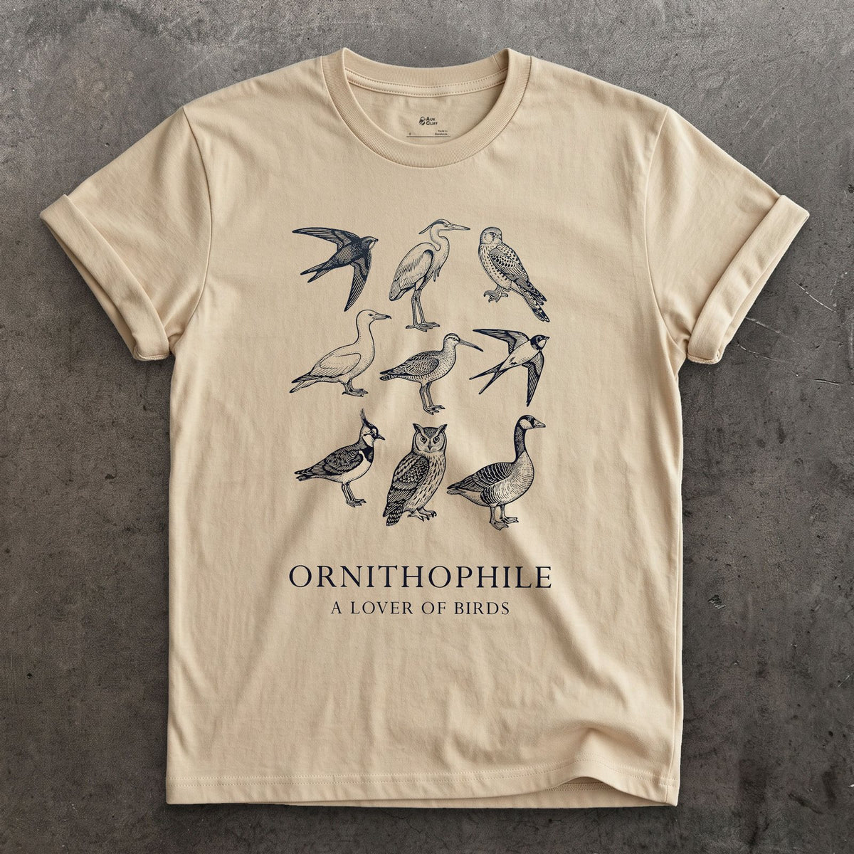Ornithophile, a Lover of Birds design on a Sand Gildan Softstyle t-shirt