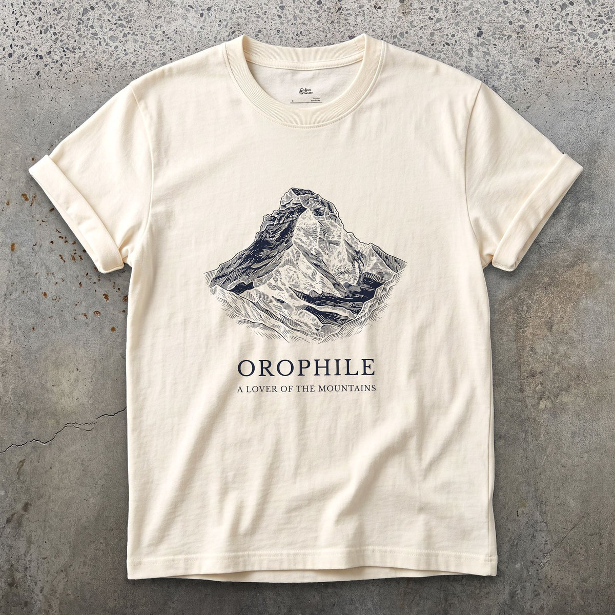 Orophile, a Lover of the Mountains design on a Natural Gildan Softstyle t-shirt