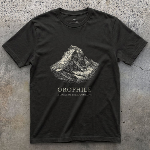 Orophile, a Lover of the Mountains design on a Black Gildan Softstyle t-shirt