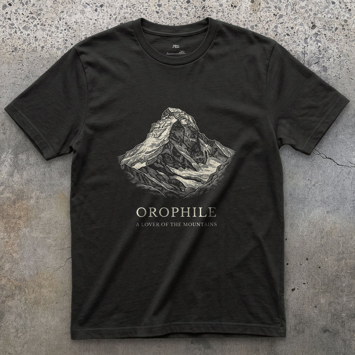 Orophile, a Lover of the Mountains design on a Black Gildan Softstyle t-shirt