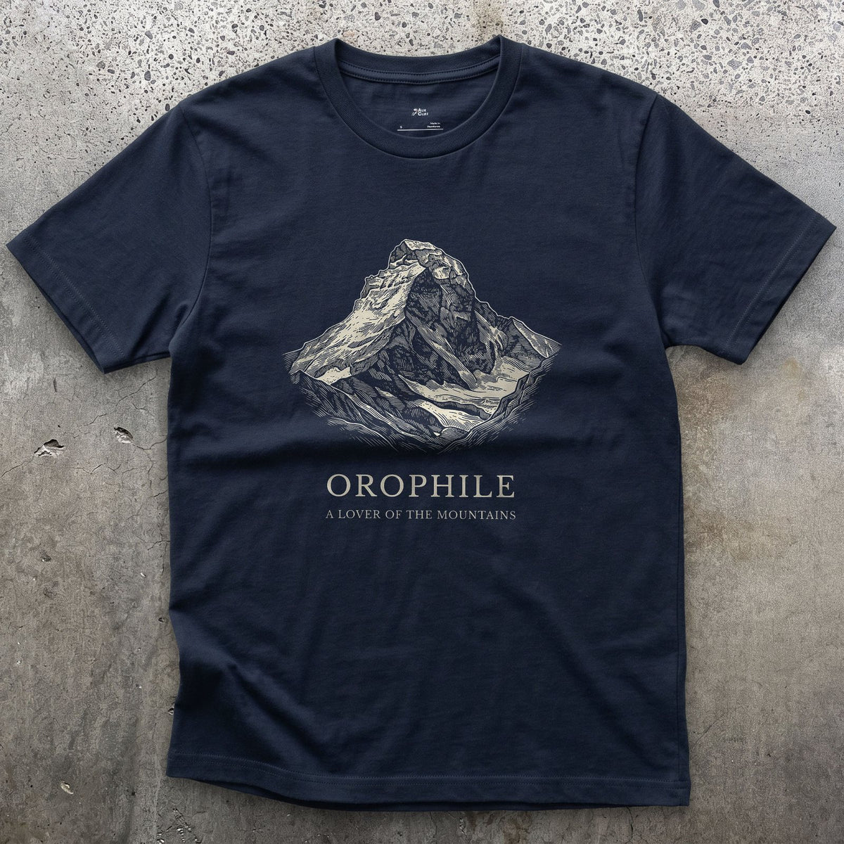 Orophile, a Lover of the Mountains design on a Navy Gildan Softstyle t-shirt