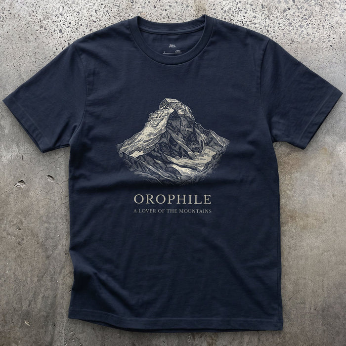Orophile, a Lover of the Mountains design on a Navy Gildan Softstyle t-shirt