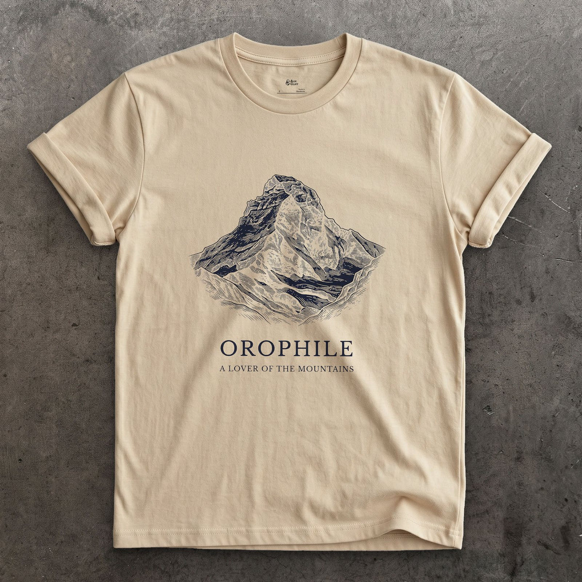 Orophile, a Lover of the Mountains design on a Sand Gildan Softstyle t-shirt
