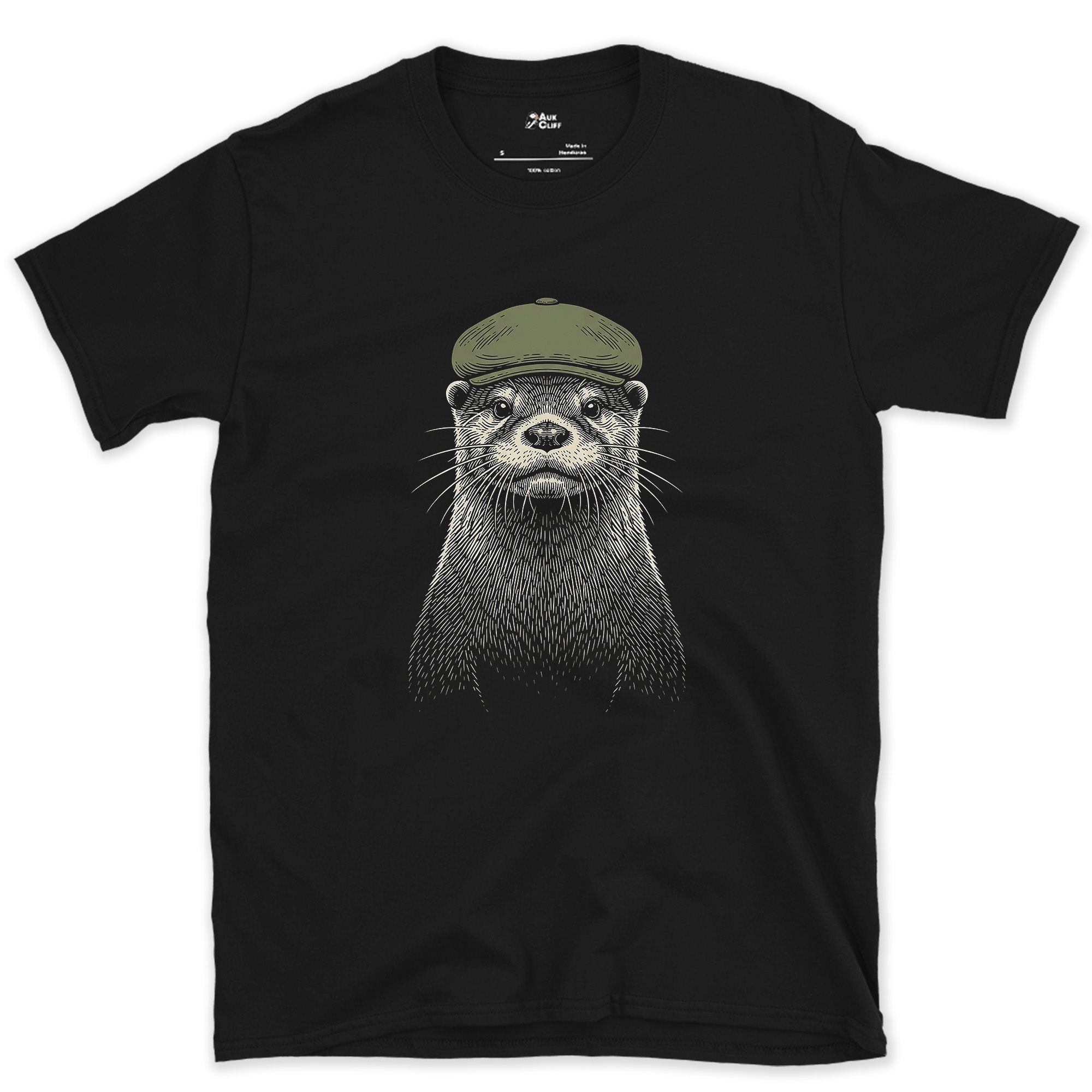 An Old Riverkeeper, Otter in a Flat Cap design on a Black Gildan Softstyle t-shirt
