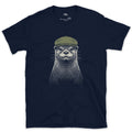 An Old Riverkeeper, Otter in a Flat Cap design on a Navy Gildan Softstyle t-shirt
