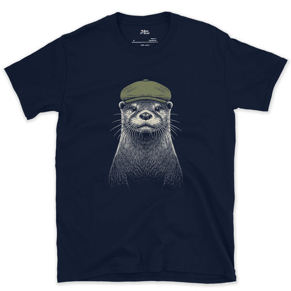 An Old Riverkeeper, Otter in a Flat Cap design on a Navy Gildan Softstyle t-shirt