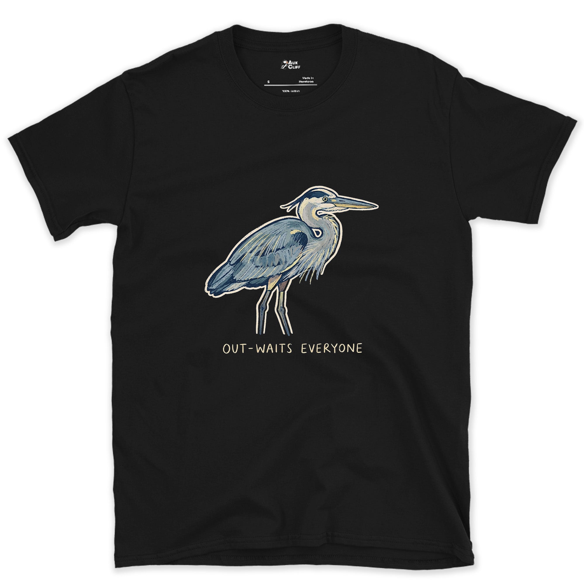 Out-Waits Everyone, Grey Heron design on a Black Gildan Softstyle t-shirt