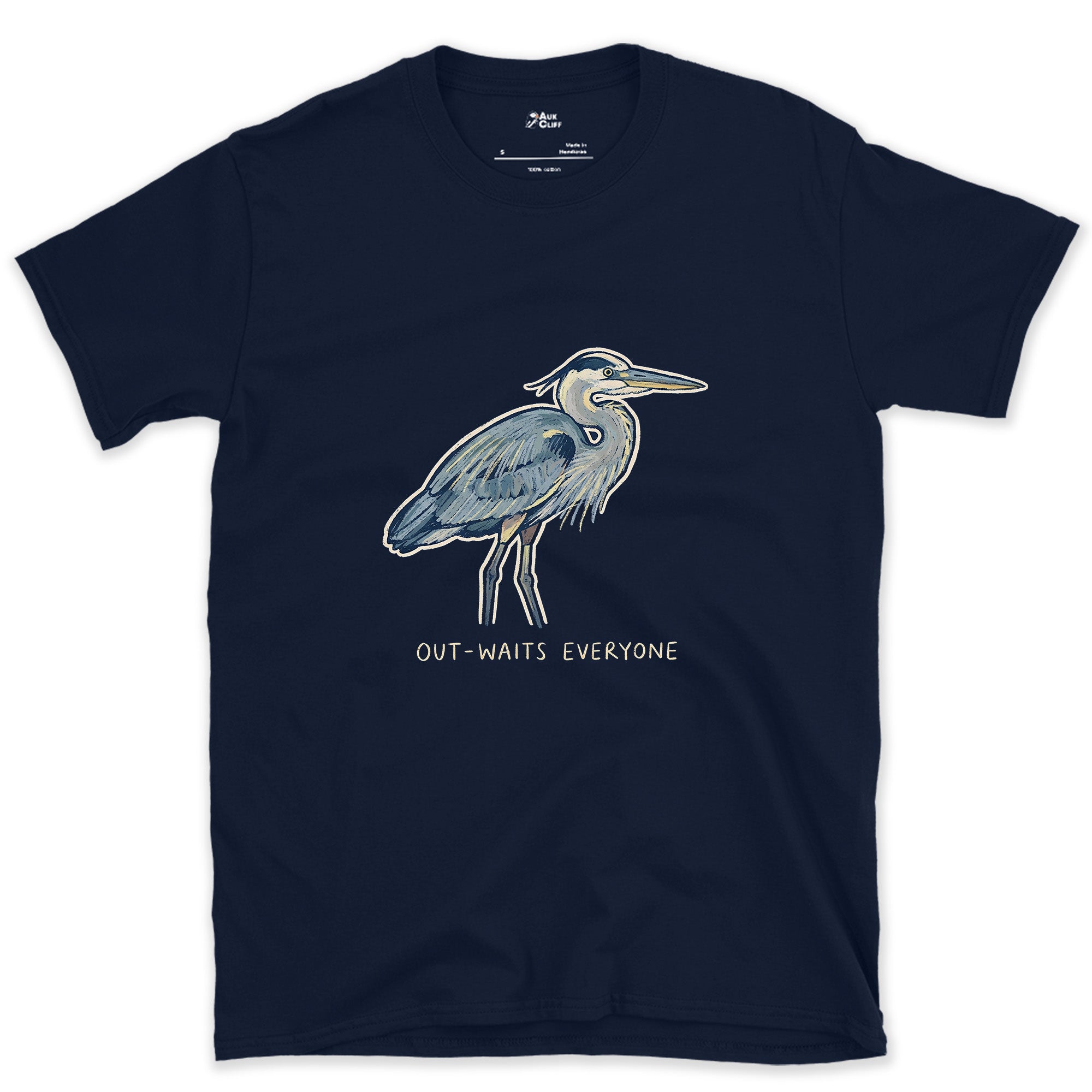 Out-Waits Everyone, Grey Heron design on a Navy Gildan Softstyle t-shirt