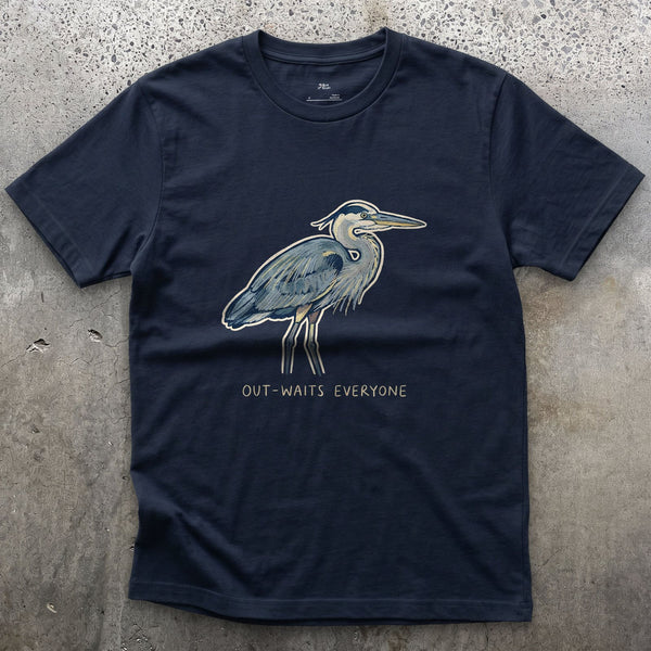 Out-Waits Everyone, Grey Heron design on a Navy Gildan Softstyle t-shirt