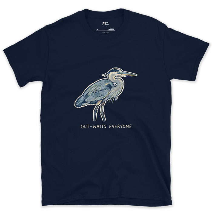 Out-Waits Everyone, Grey Heron design on a Navy Gildan Softstyle t-shirt