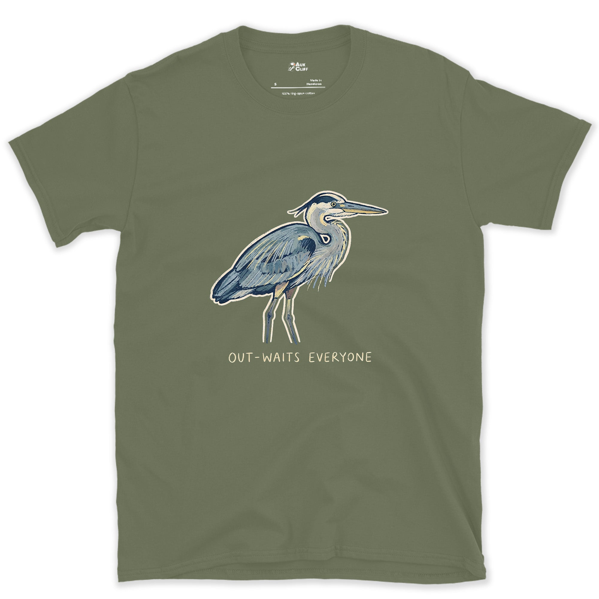 Out-Waits Everyone, Grey Heron design on a Military Green Gildan Softstyle t-shirt