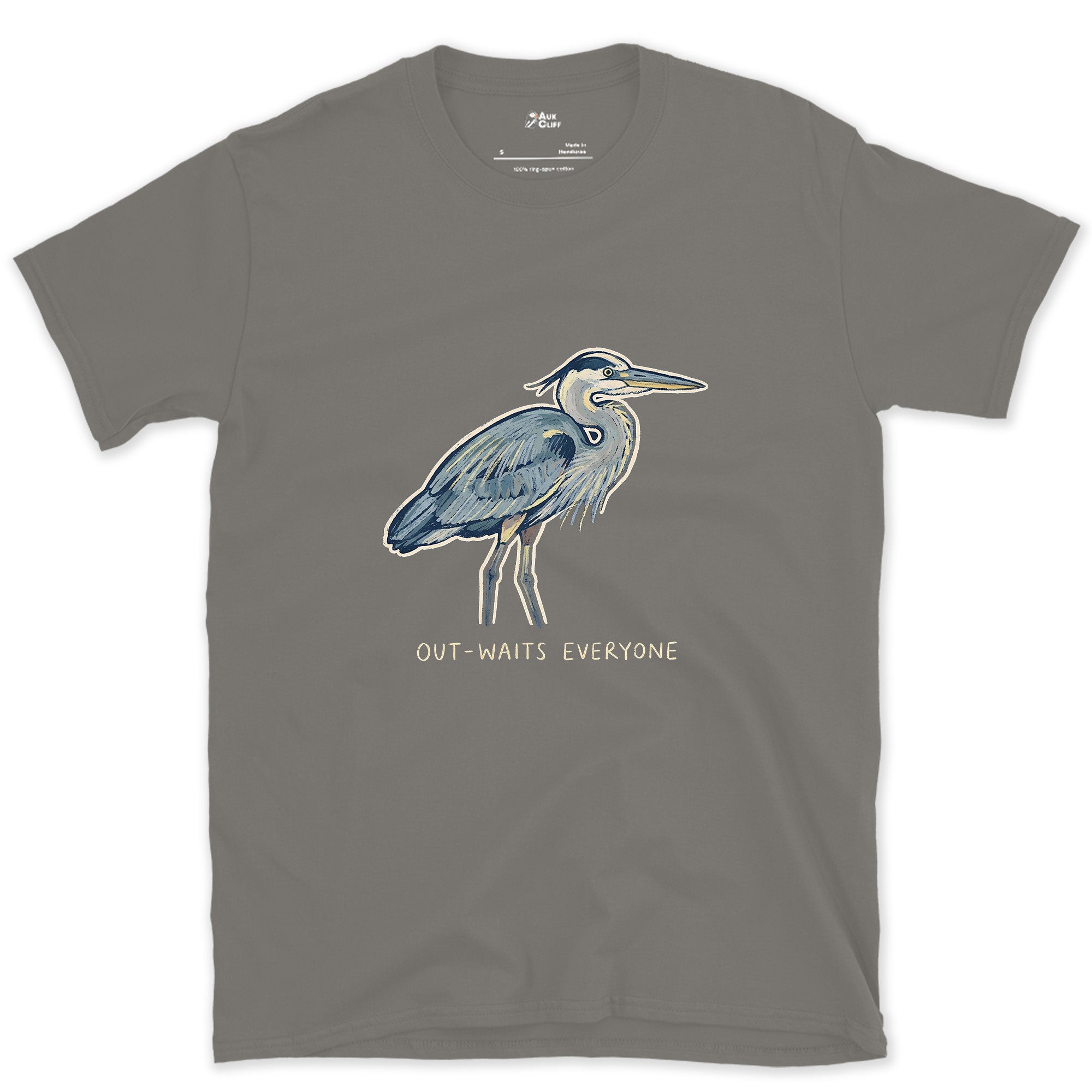 Out-Waits Everyone, Grey Heron design on a Charcoal Gildan Softstyle t-shirt