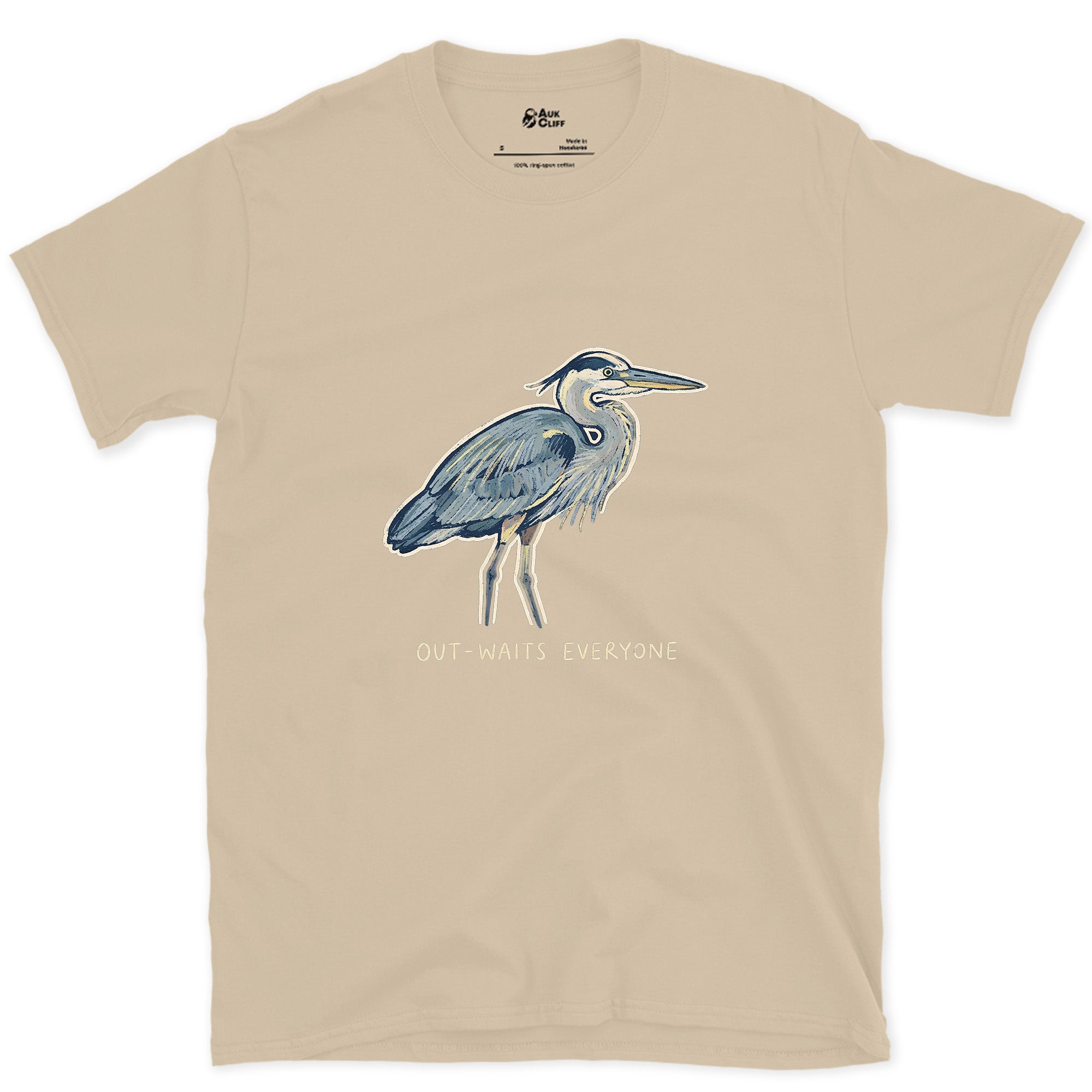 Out-Waits Everyone, Grey Heron design on a Sand Gildan Softstyle t-shirt