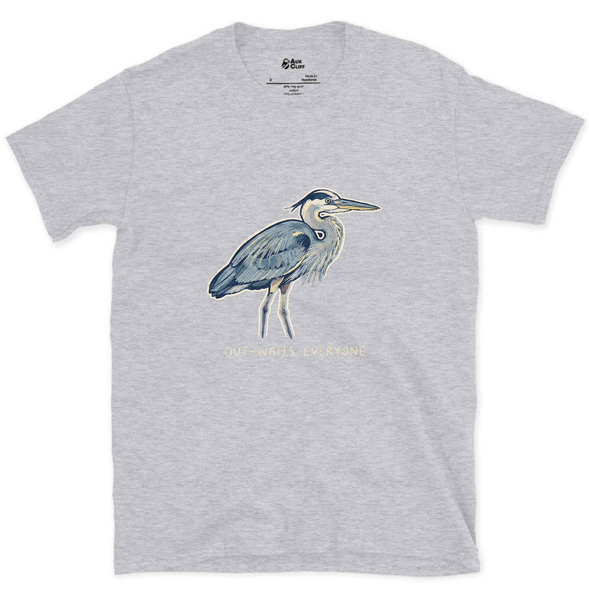 Out-Waits Everyone, Grey Heron design on a Sport Grey Gildan Softstyle t-shirt