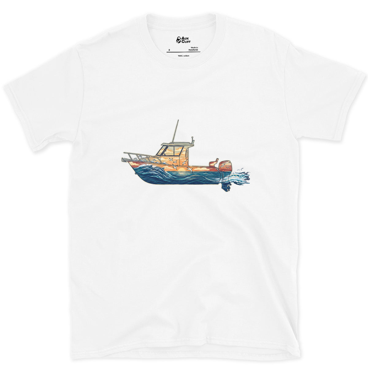 Out Before Daybreak, Cabin Boat design on a White Gildan Softstyle t-shirt