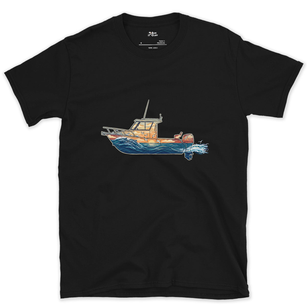 Out Before Daybreak, Cabin Boat design on a Black Gildan Softstyle t-shirt